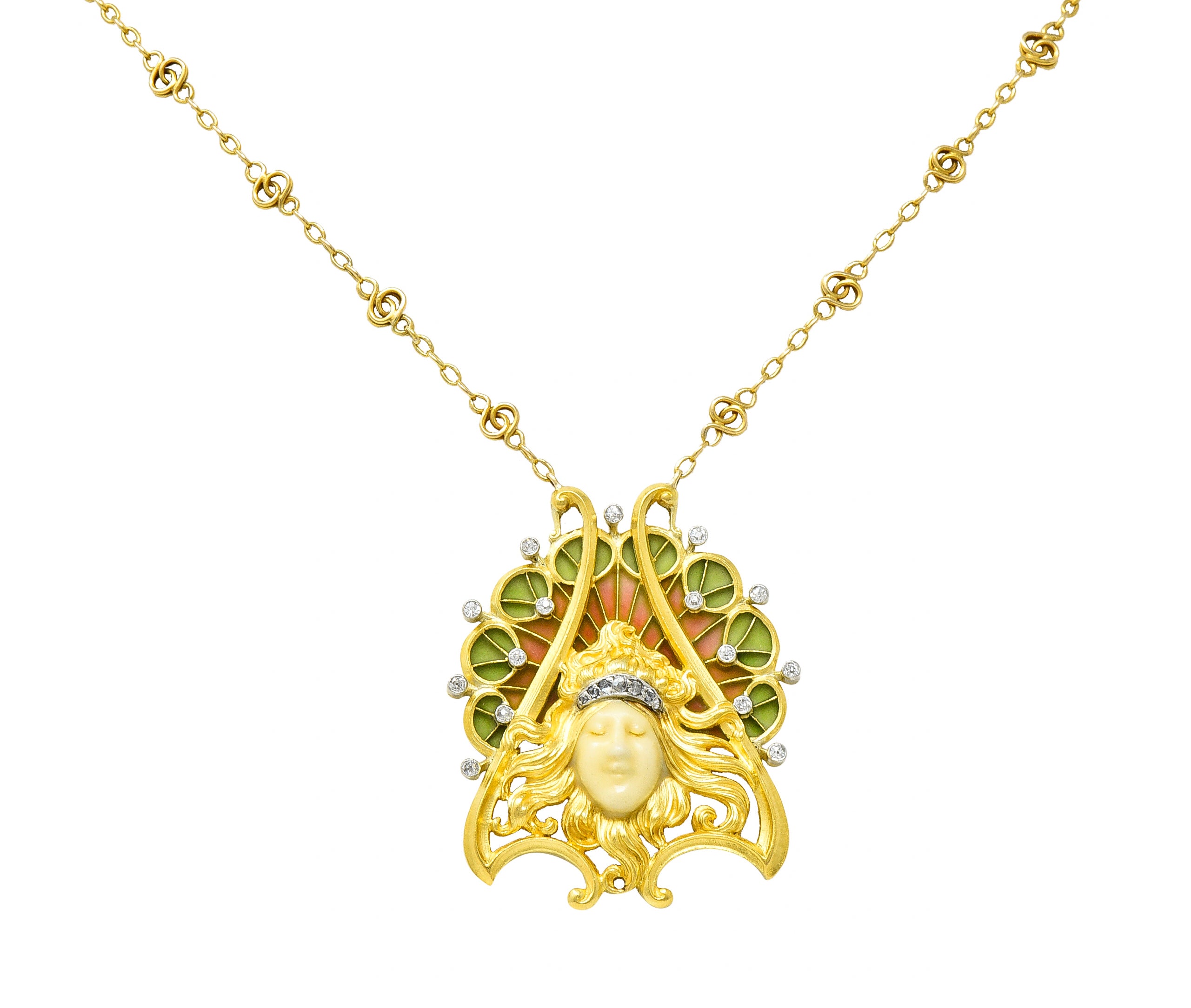 French Art Nouveau Diamond Plique-A-Jour Enamel Platinum-Topped 18 Karat Yellow Gold Lady Antique Station Necklace Wilson's Estate Jewelry