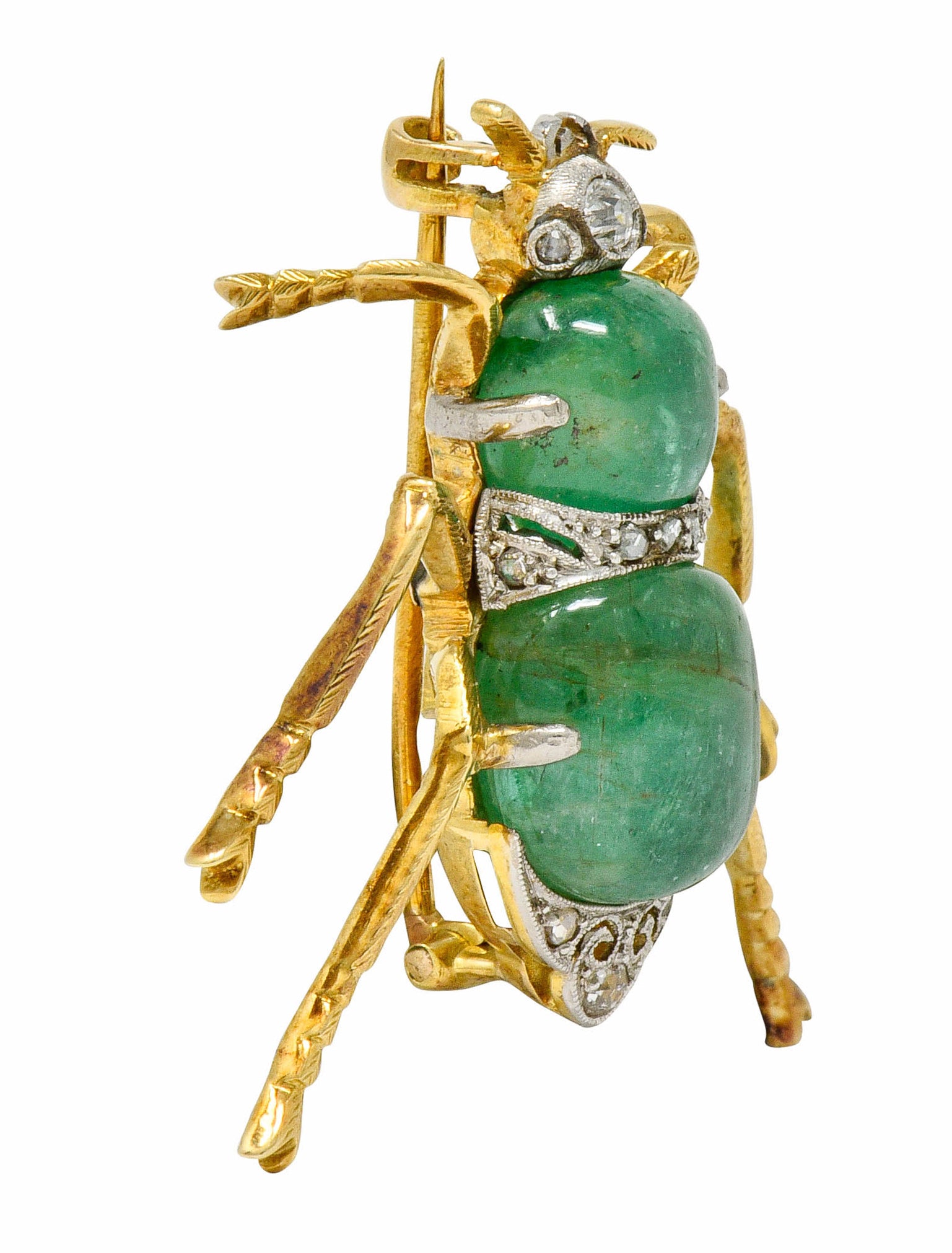 Edwardian Emerald Diamond Platinum-Topped 14 Karat Gold Insect Brooch - Wilson's Estate Jewelry