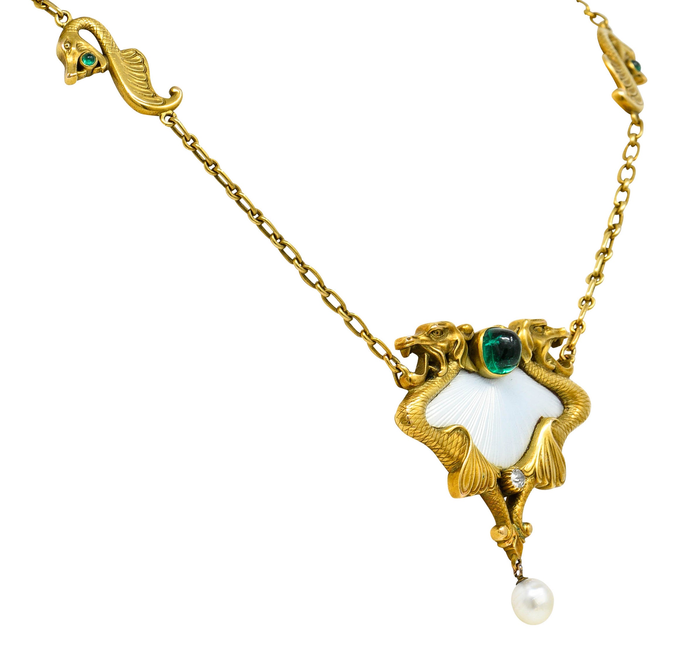 Art Nouveau Diamond Emerald Enamel Pearl 14 Karat Gold Serpent NecklaceNecklace - Wilson's Estate Jewelry