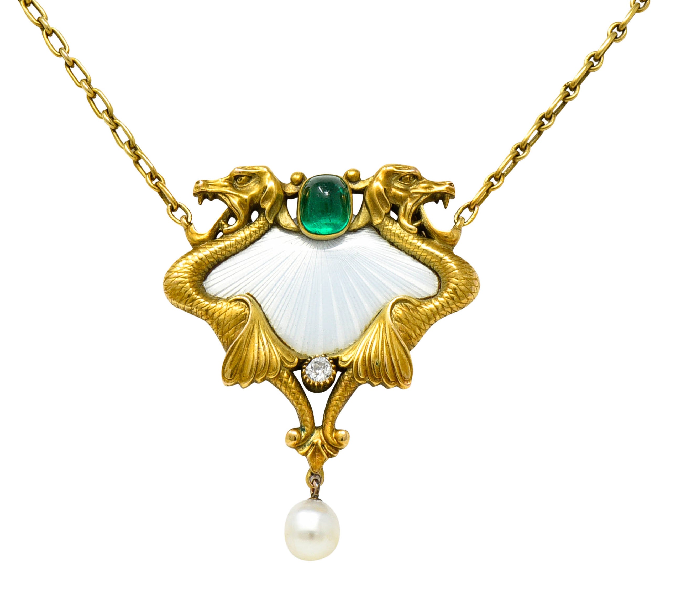 Art Nouveau Diamond Emerald Enamel Pearl 14 Karat Gold Serpent NecklaceNecklace - Wilson's Estate Jewelry