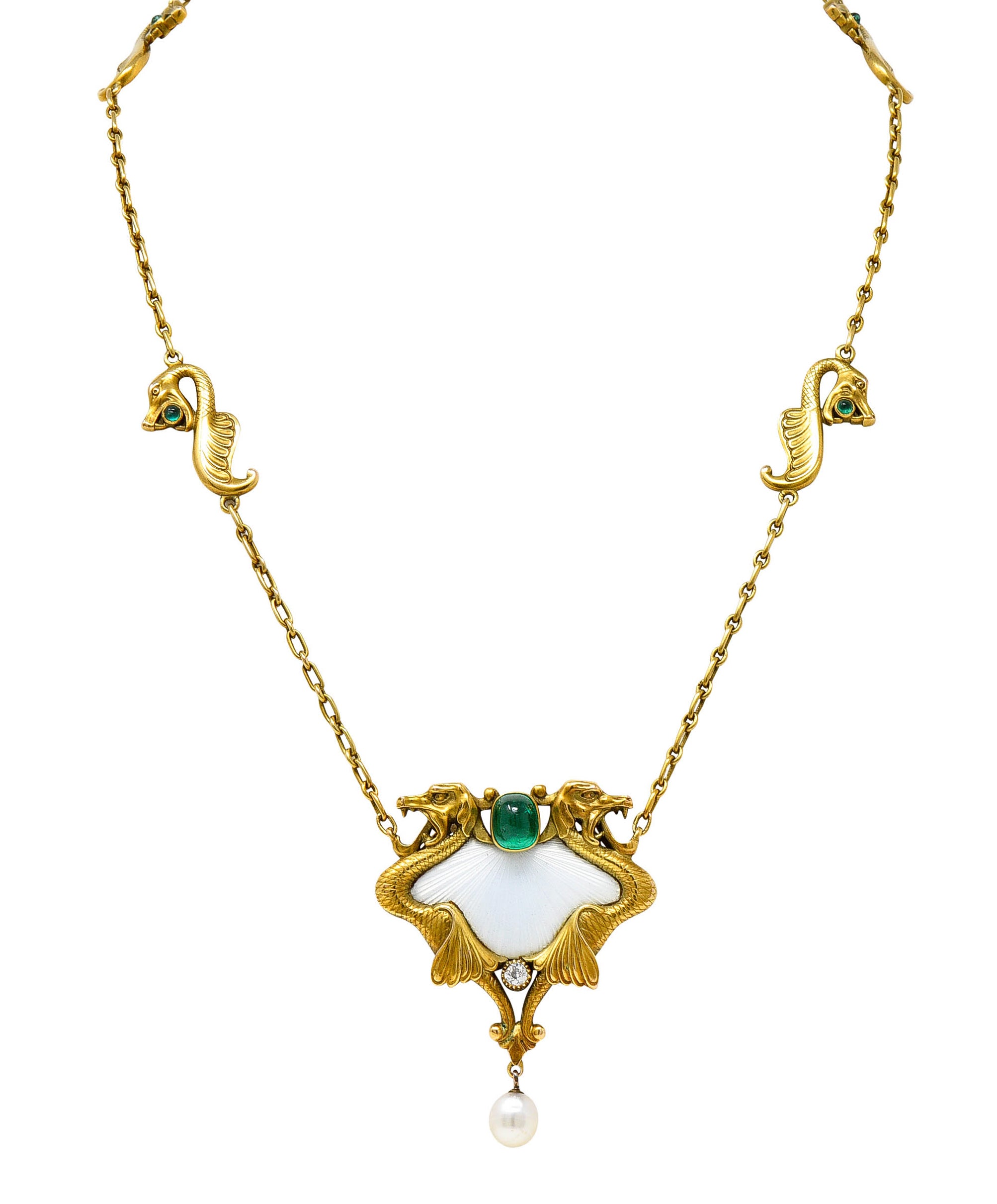 Art Nouveau Diamond Emerald Enamel Pearl 14 Karat Gold Serpent NecklaceNecklace - Wilson's Estate Jewelry