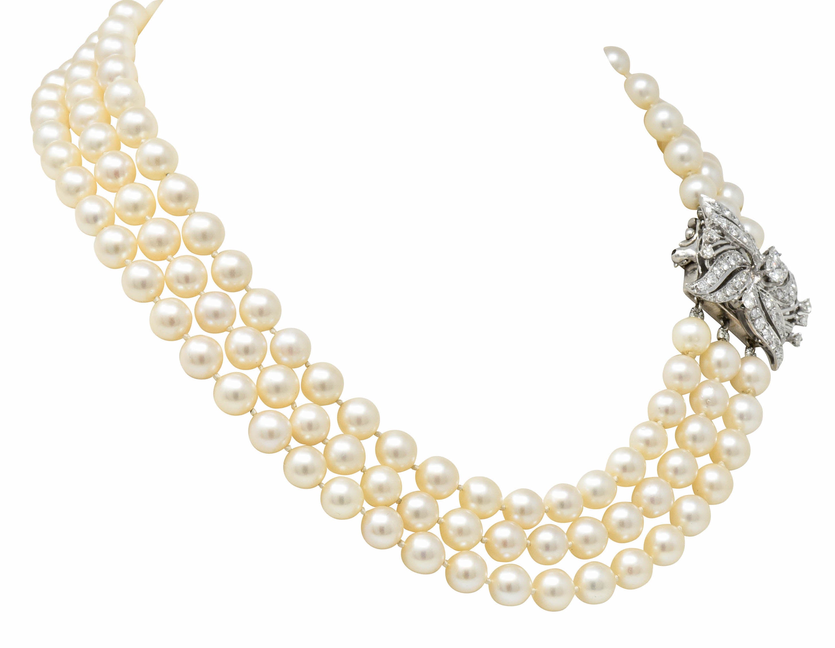 Retro 1.70 CTW Diamond Cultured Pearl 14 Karat White Gold Multi-Strand Necklace & BroochNecklace - Wilson's Estate Jewelry