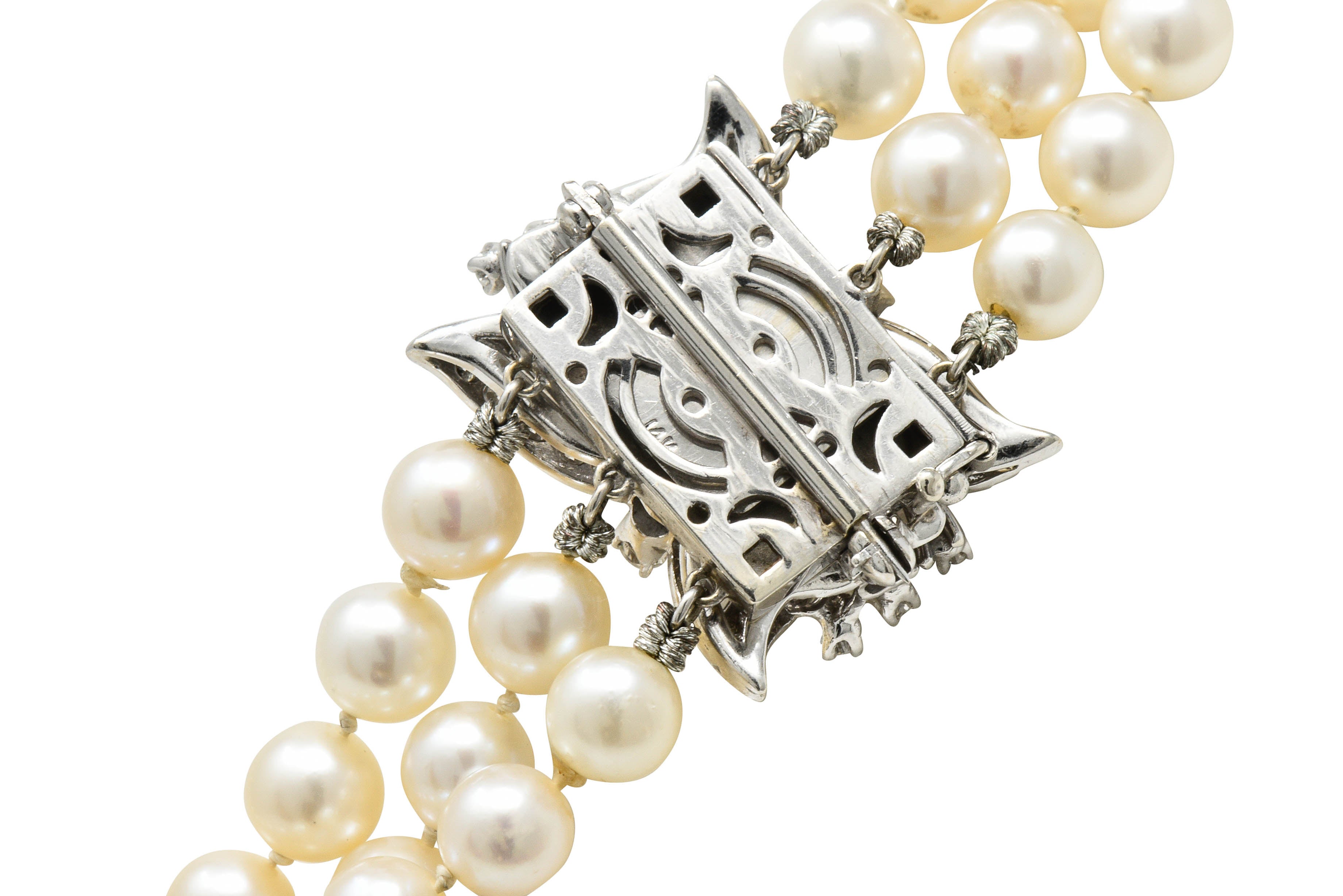 Retro 1.70 CTW Diamond Cultured Pearl 14 Karat White Gold Multi-Strand Necklace & BroochNecklace - Wilson's Estate Jewelry