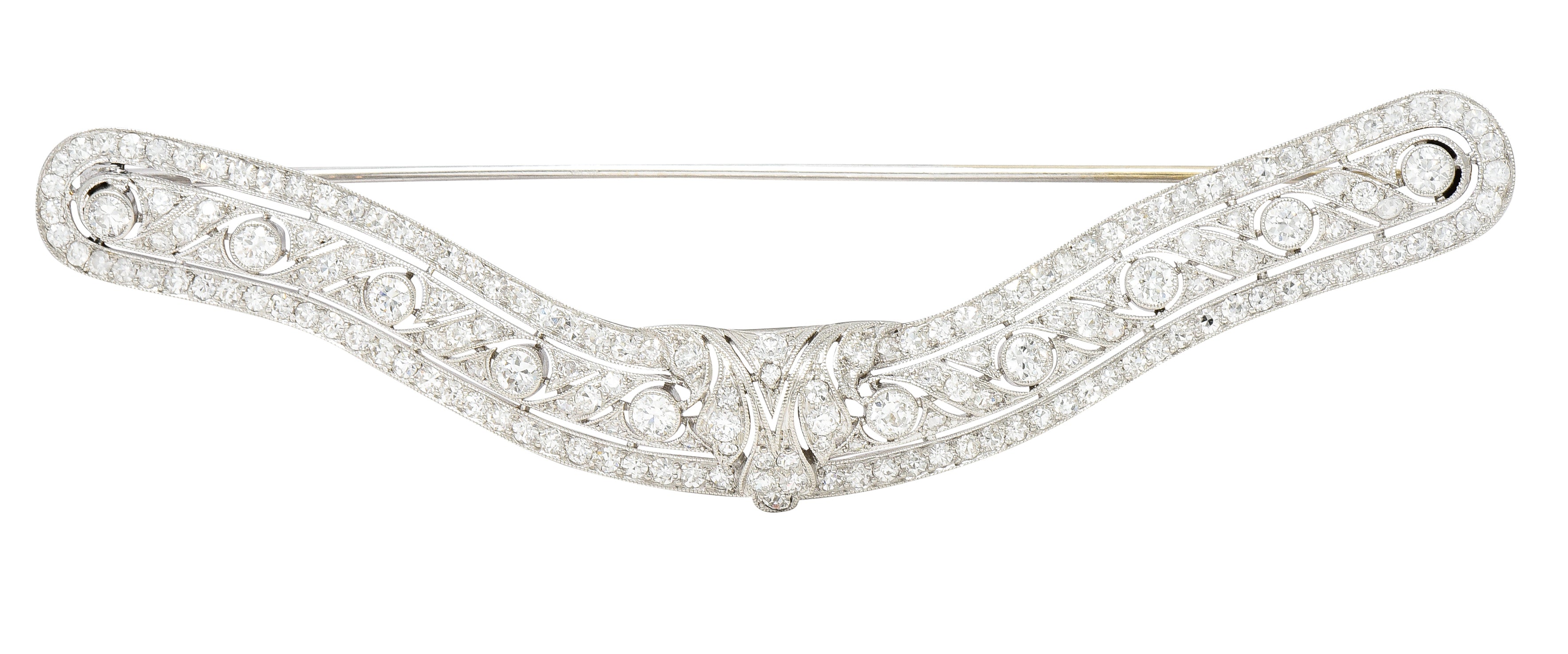 Substantial T.B. & Starr Inc. Edwardian 4.70 CTW Diamond 14 Karat Gold Antique Curved Bar Brooch Wilson's Estate Jewelry