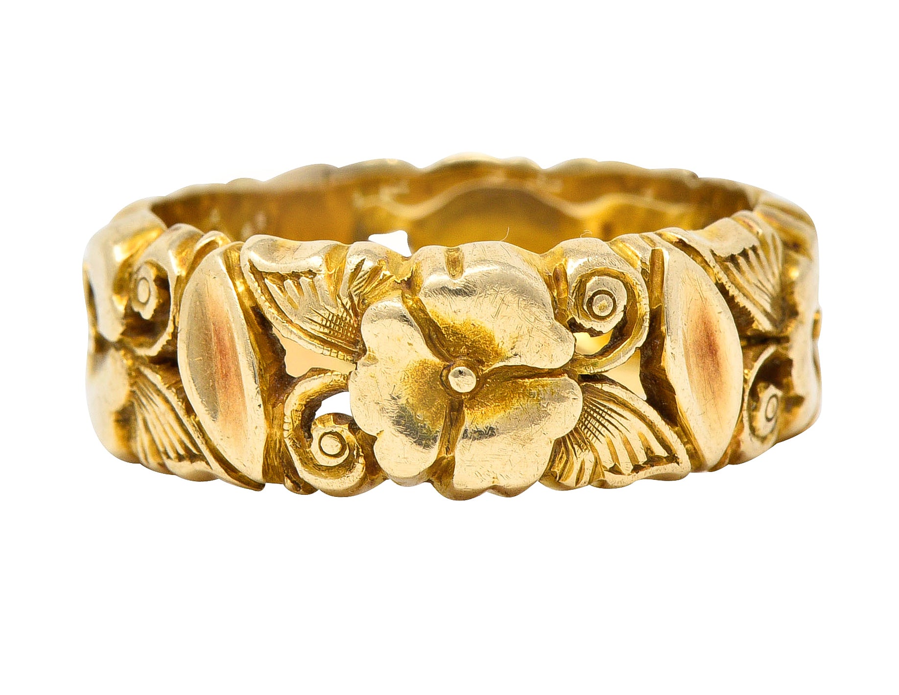 Art Nouveau 14 Karat Yellow Gold Pansy Antique Floral Eternity Band Ring Wilson's Estate Jewelry