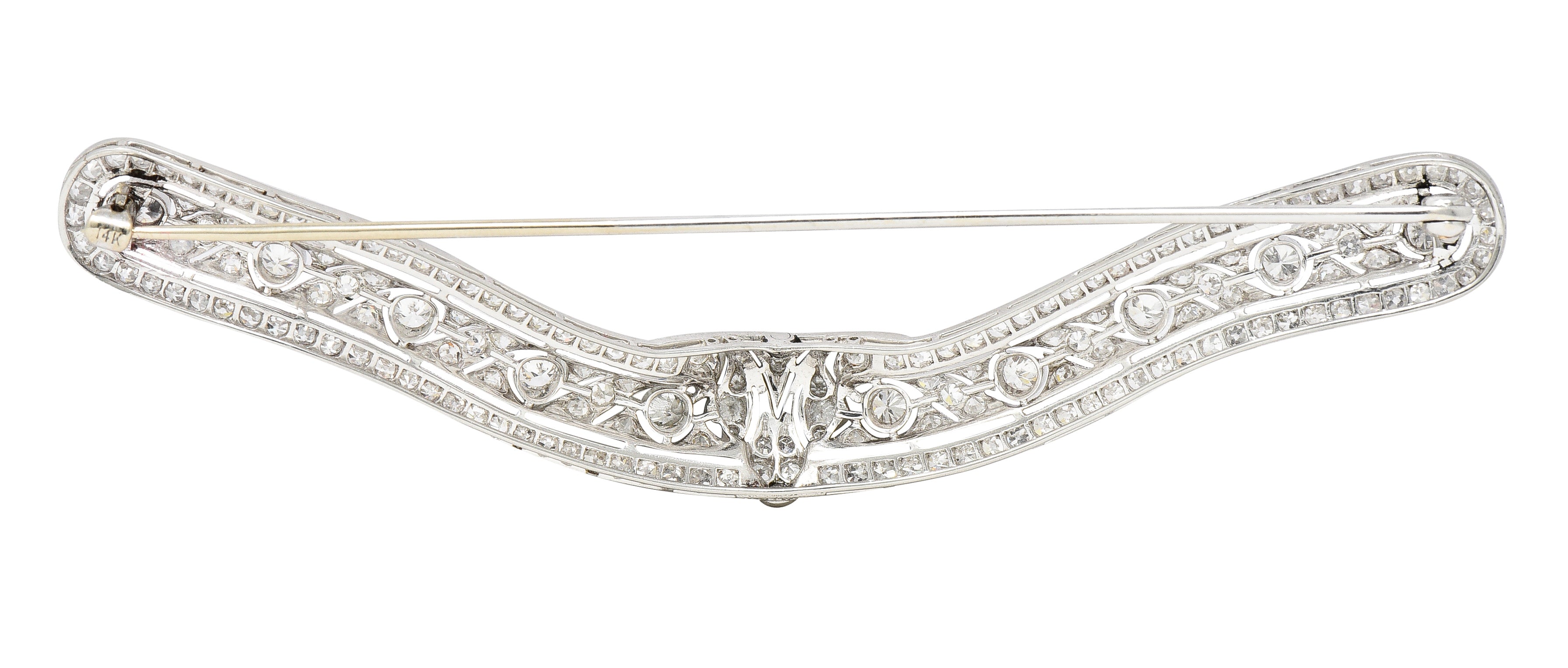 Substantial T.B. & Starr Inc. Edwardian 4.70 CTW Diamond 14 Karat Gold Antique Curved Bar Brooch Wilson's Estate Jewelry