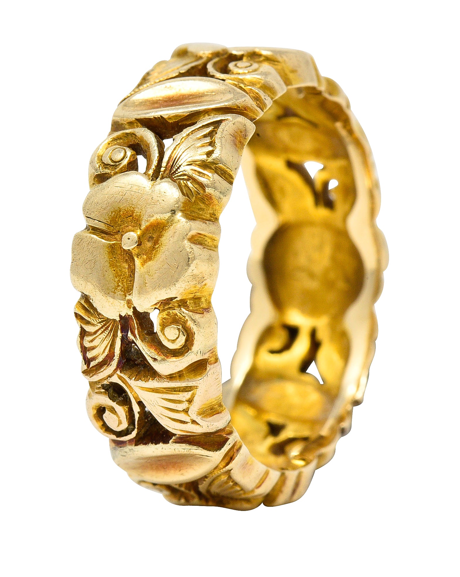 Art Nouveau 14 Karat Yellow Gold Pansy Antique Floral Eternity Band Ring Wilson's Estate Jewelry