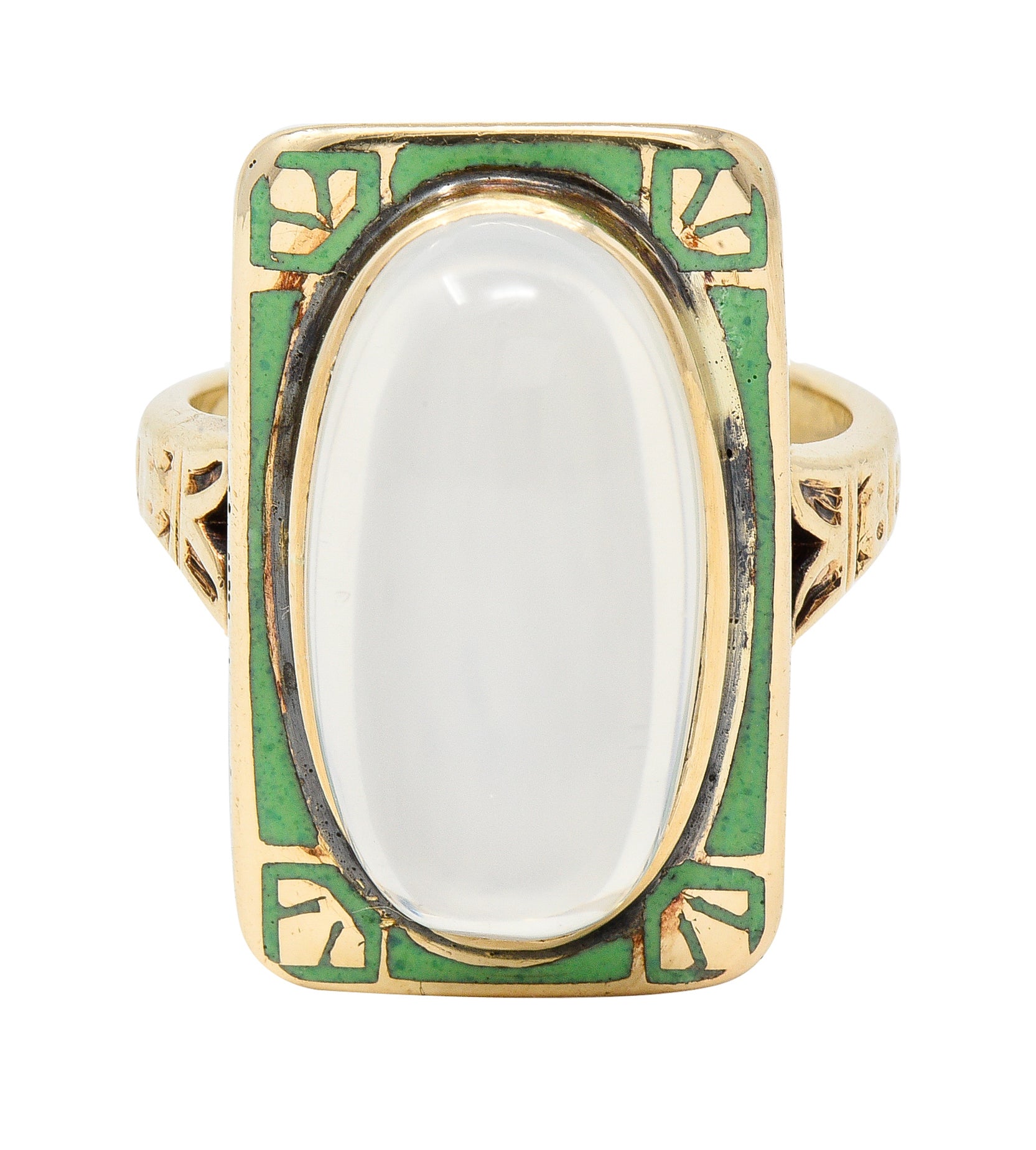 Allsop Bros. Art Nouveau Moonstone Cabochon Enamel 10 Karat Yellow Gold Antique Gemstone Ring Wilson's Estate Jewelry