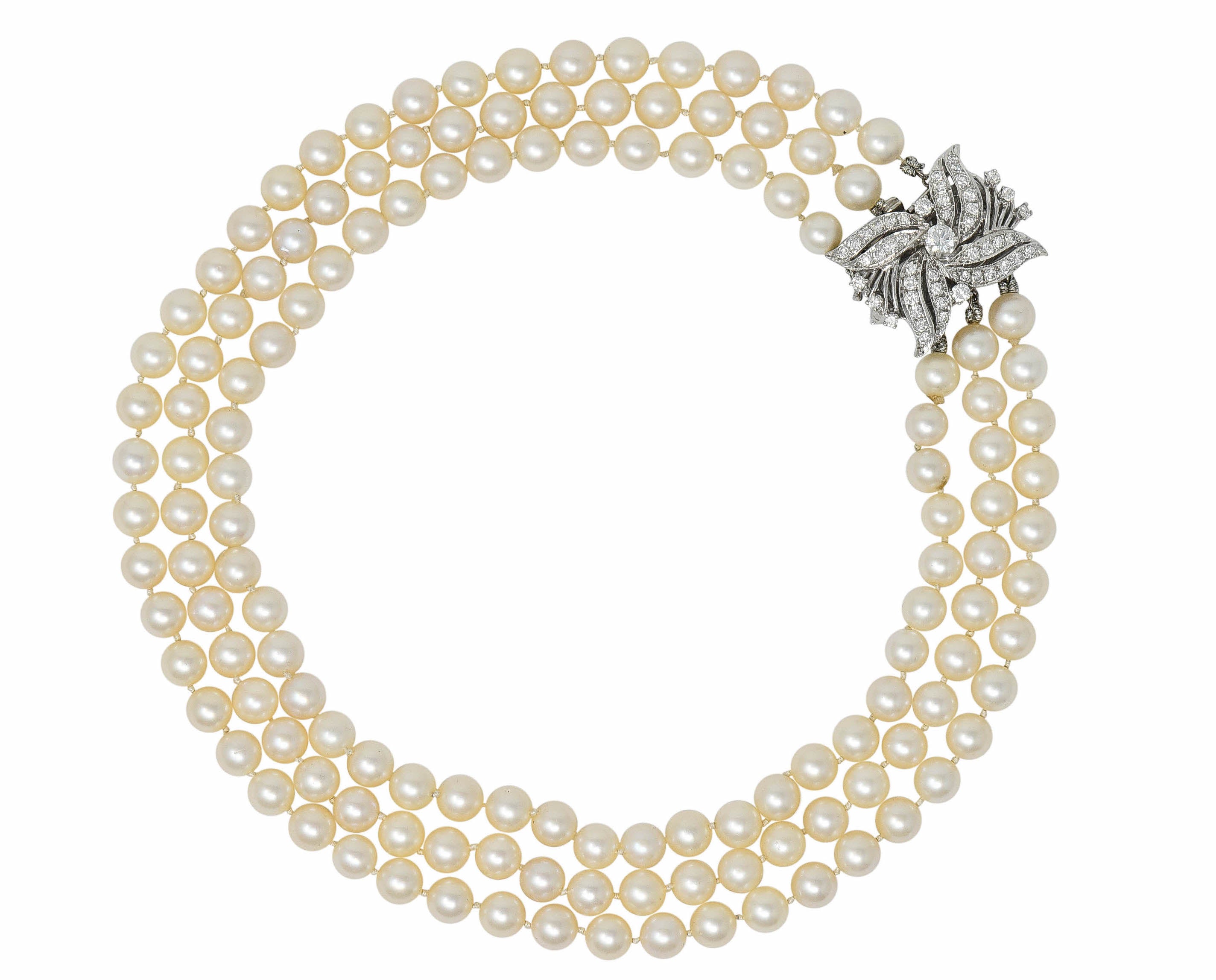 Retro 1.70 CTW Diamond Cultured Pearl 14 Karat White Gold Multi-Strand Necklace & BroochNecklace - Wilson's Estate Jewelry