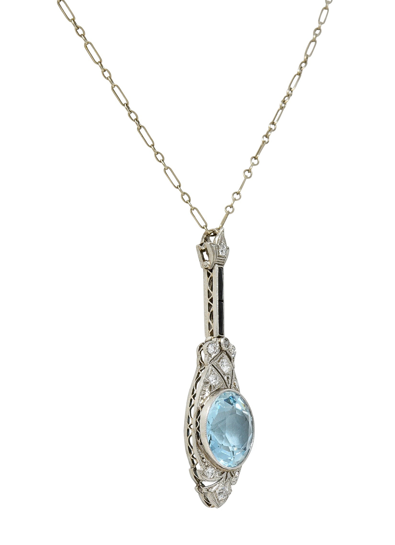 Art Deco Onyx 5.20 CTW Diamond Aquamarine Platinum Pendant Necklace Wilson's Antique & Estate Jewelry