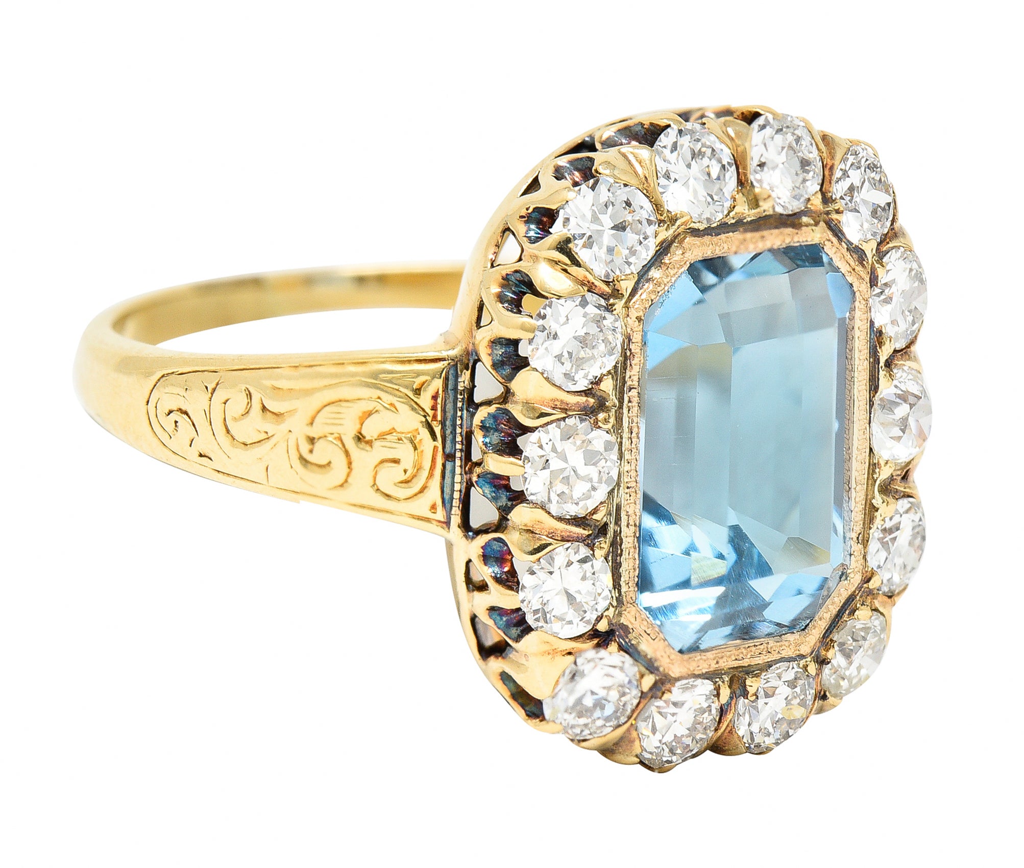 Retro 4.92 CTW Aquamarine Old European Cut Diamond 14 Karat Yellow Gold Halo Cluster Ring Wilson's Estate Jewelry