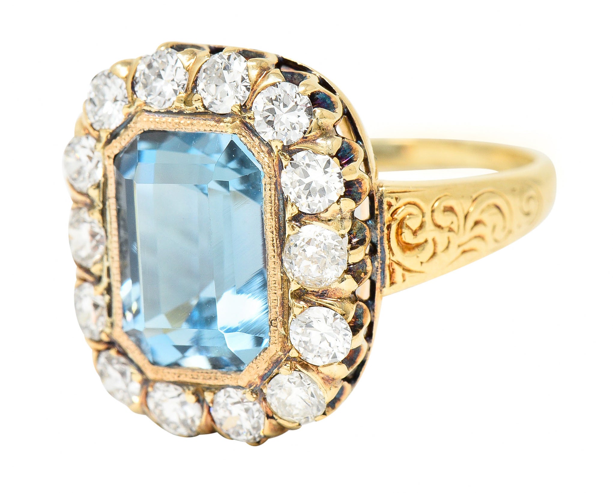 Retro 4.92 CTW Aquamarine Old European Cut Diamond 14 Karat Yellow Gold Halo Cluster Ring Wilson's Estate Jewelry