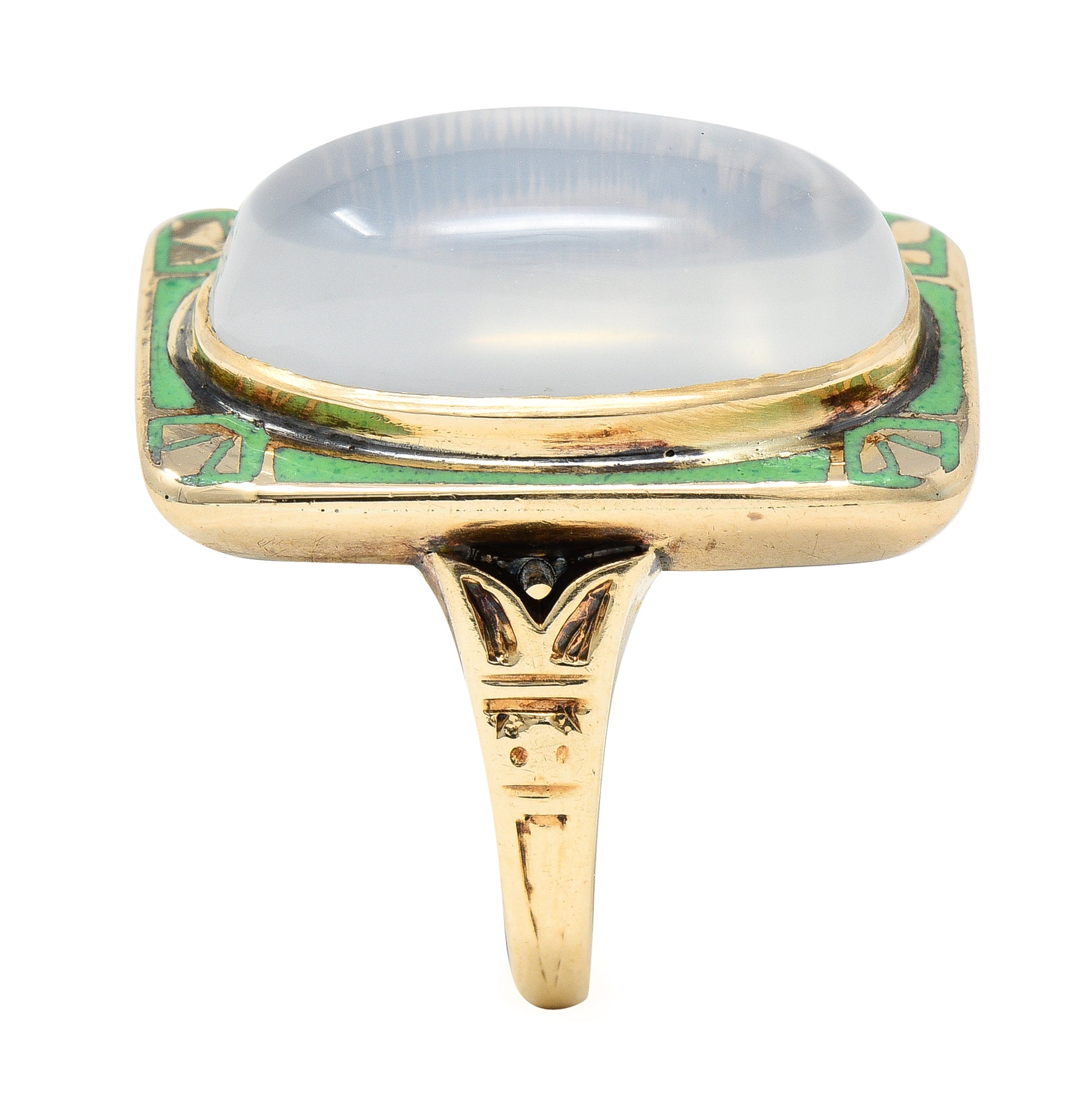 Allsop Bros. Art Nouveau Moonstone Cabochon Enamel 10 Karat Yellow Gold Antique Gemstone Ring Wilson's Estate Jewelry