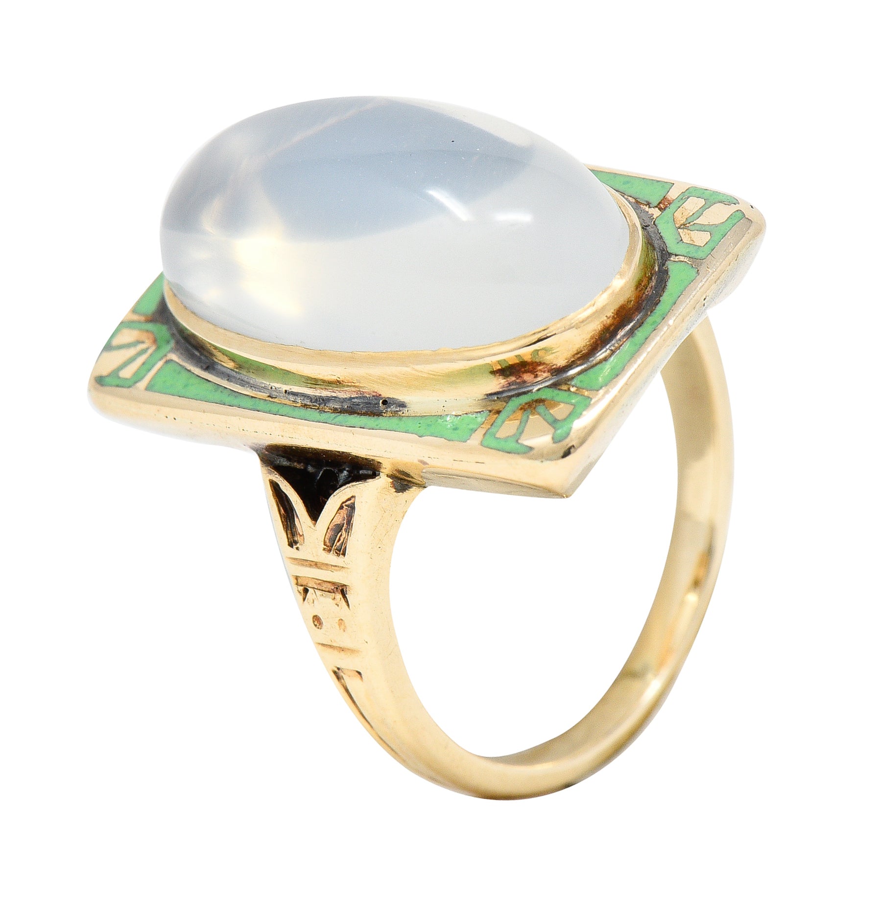 Allsop Bros. Art Nouveau Moonstone Cabochon Enamel 10 Karat Yellow Gold Antique Gemstone Ring Wilson's Estate Jewelry