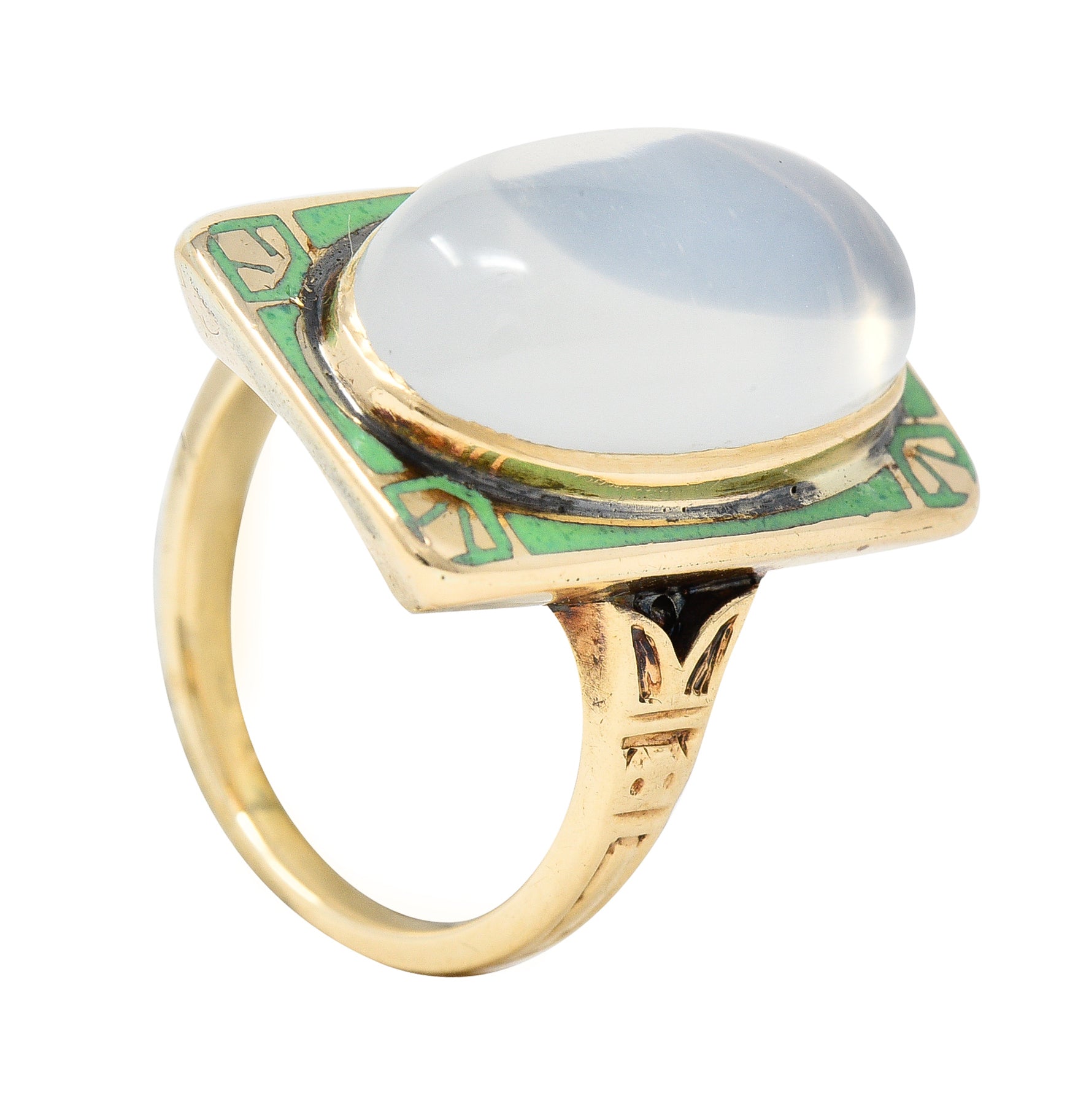 Allsop Bros. Art Nouveau Moonstone Cabochon Enamel 10 Karat Yellow Gold Antique Gemstone Ring Wilson's Estate Jewelry