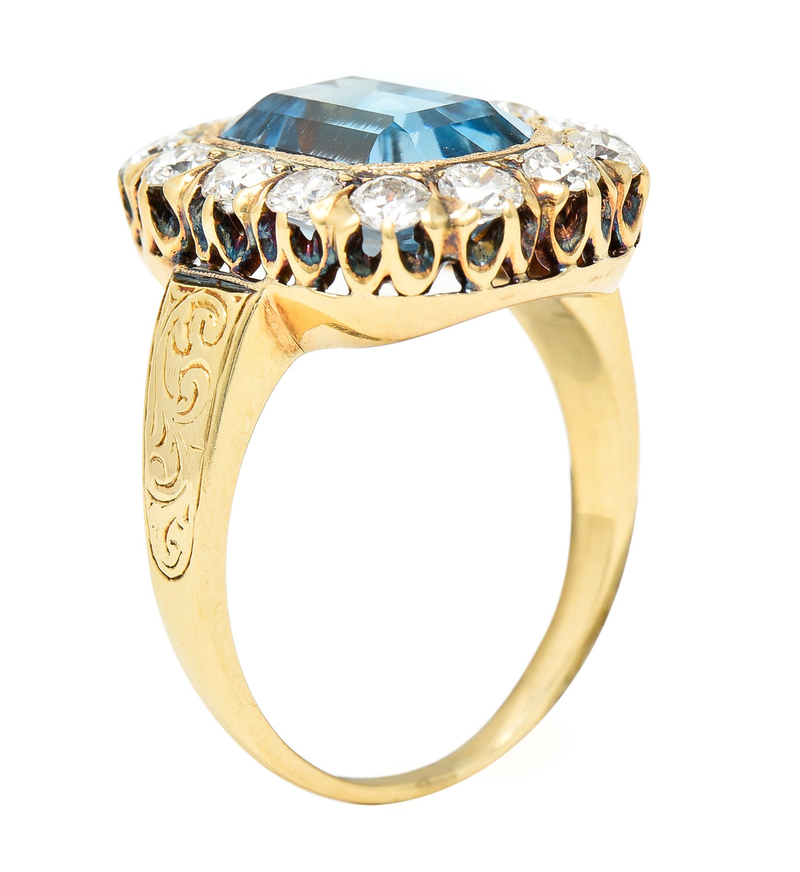 Retro 4.92 CTW Aquamarine Old European Cut Diamond 14 Karat Yellow Gold Halo Cluster Ring Wilson's Estate Jewelry