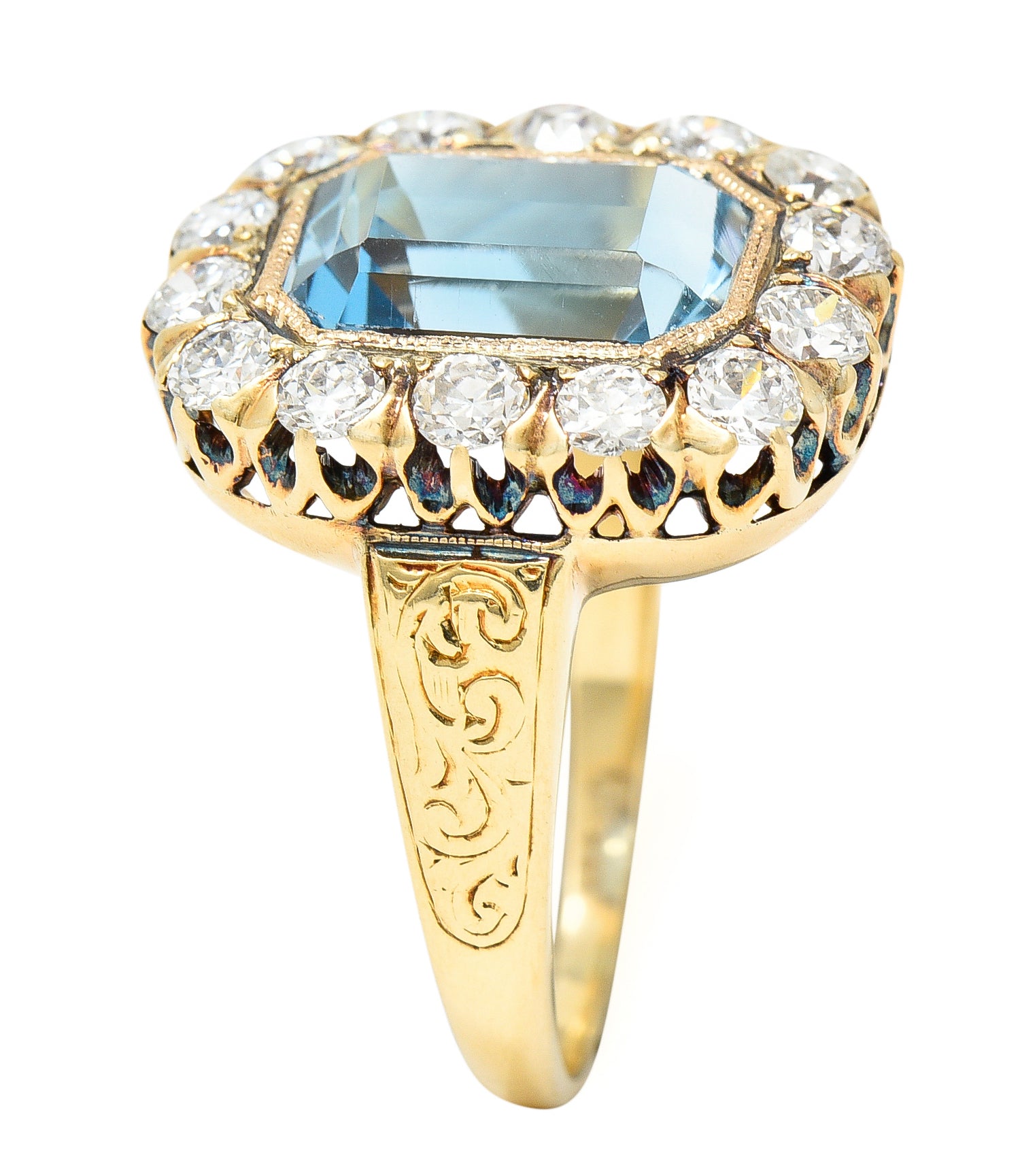 Retro 4.92 CTW Aquamarine Old European Cut Diamond 14 Karat Yellow Gold Halo Cluster Ring Wilson's Estate Jewelry