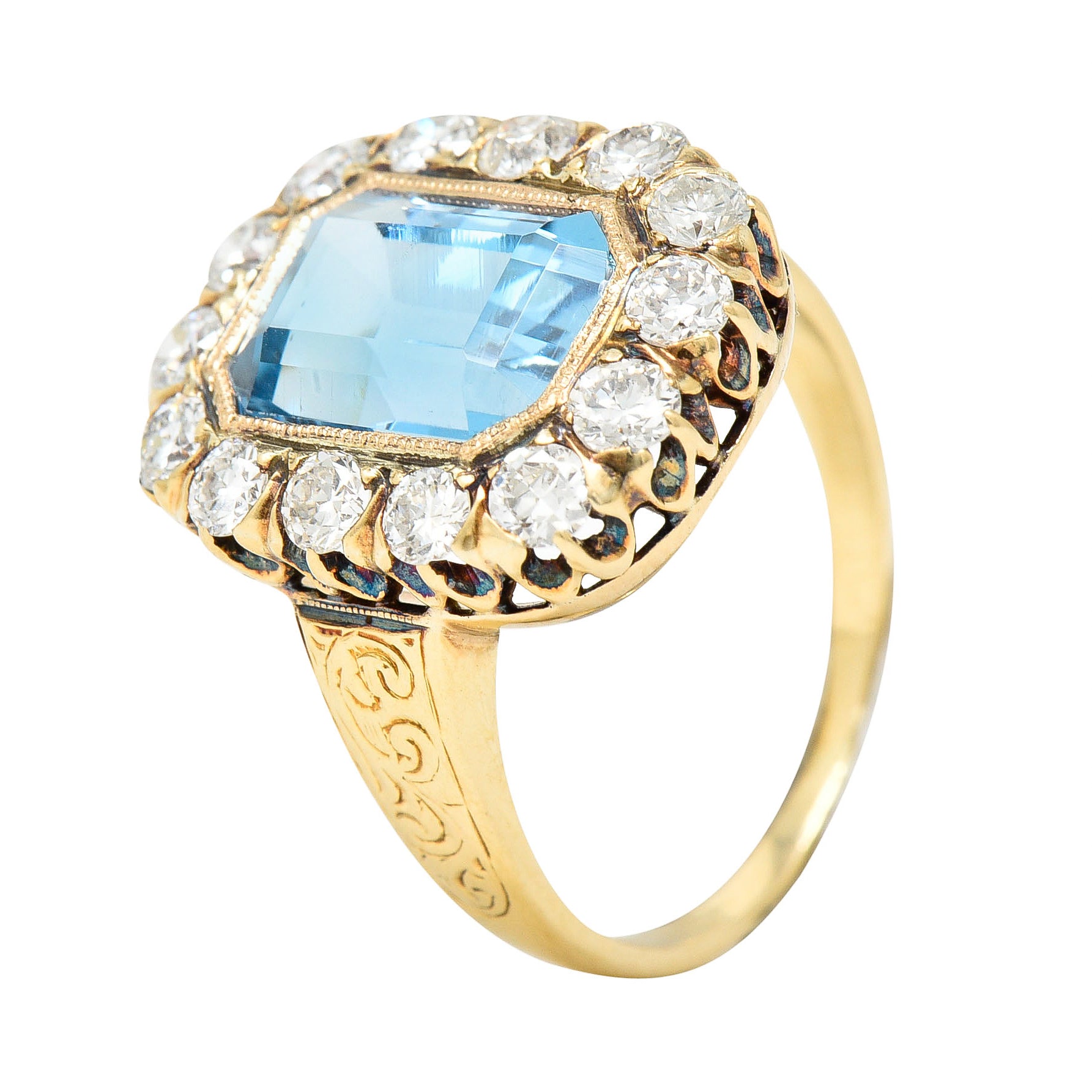 Retro 4.92 CTW Aquamarine Old European Cut Diamond 14 Karat Yellow Gold Halo Cluster Ring Wilson's Estate Jewelry