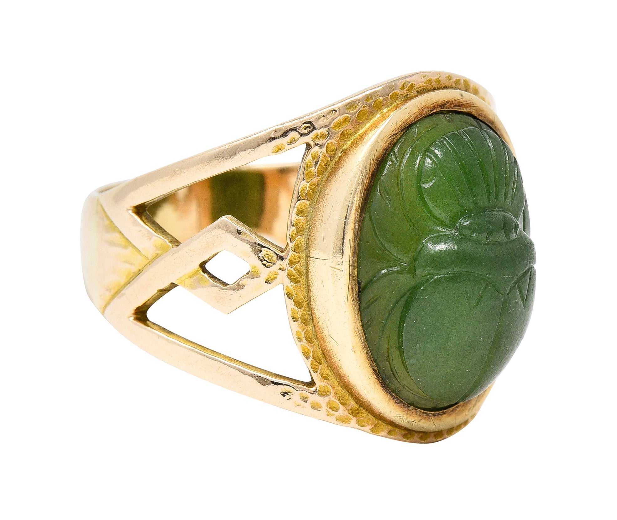 Victorian Egyptian Revival Carved Nephrite 14 Karat Yellow Gold Antique Scarab Ring Wilson's Estate Jewelry