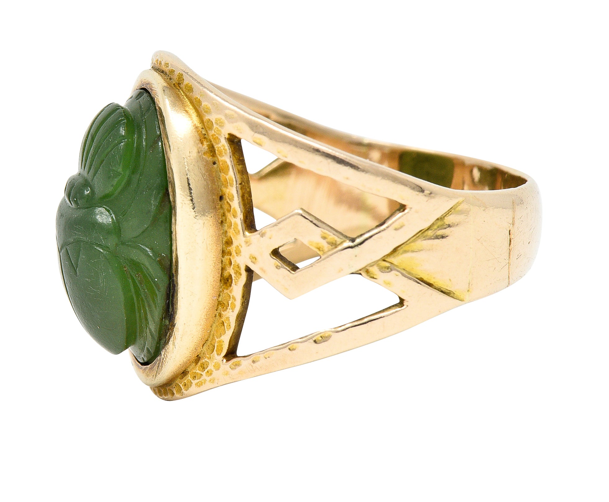 Victorian Egyptian Revival Carved Nephrite 14 Karat Yellow Gold Antique Scarab Ring Wilson's Estate Jewelry