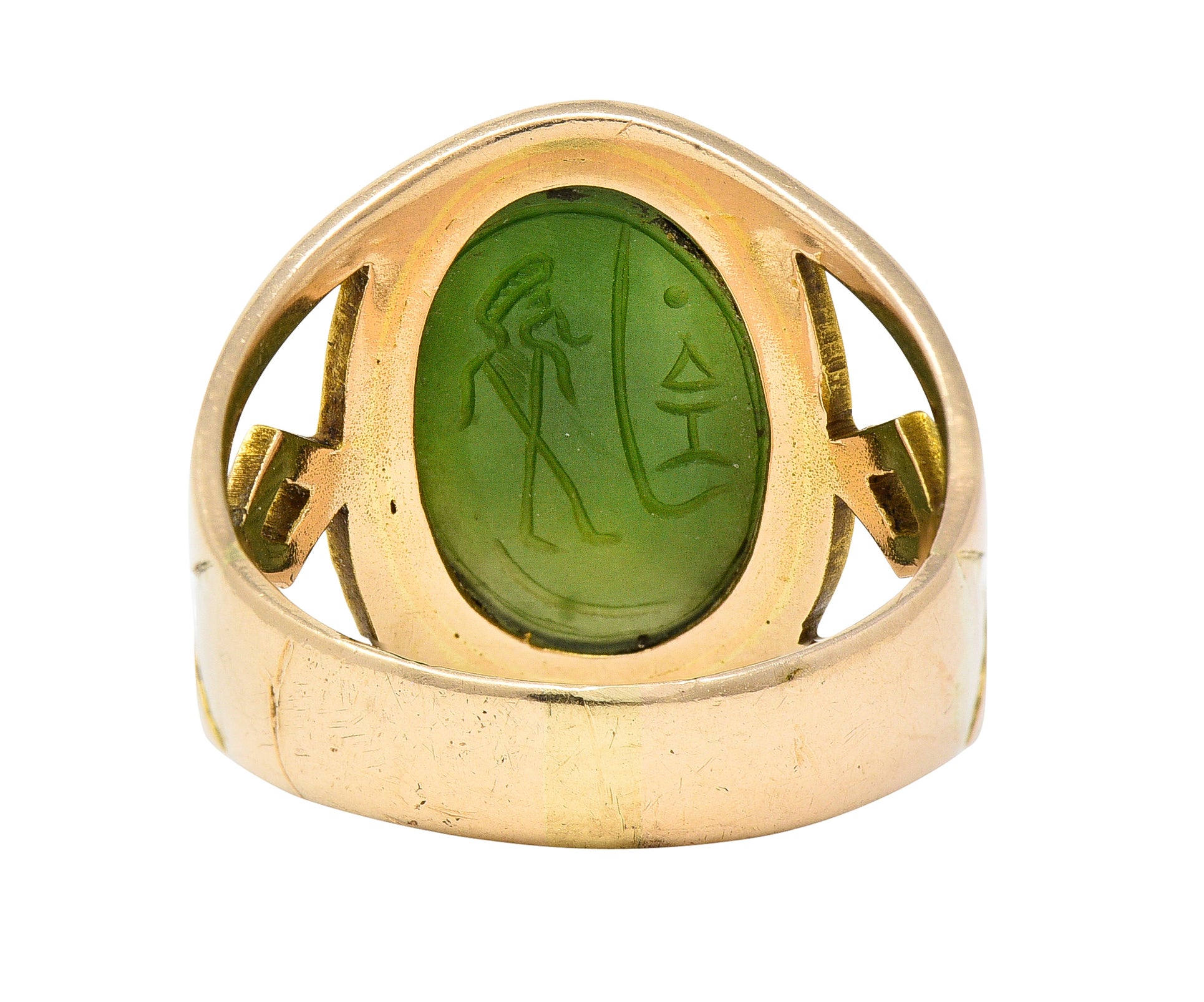 Victorian Egyptian Revival Carved Nephrite 14 Karat Yellow Gold Antique Scarab Ring Wilson's Estate Jewelry