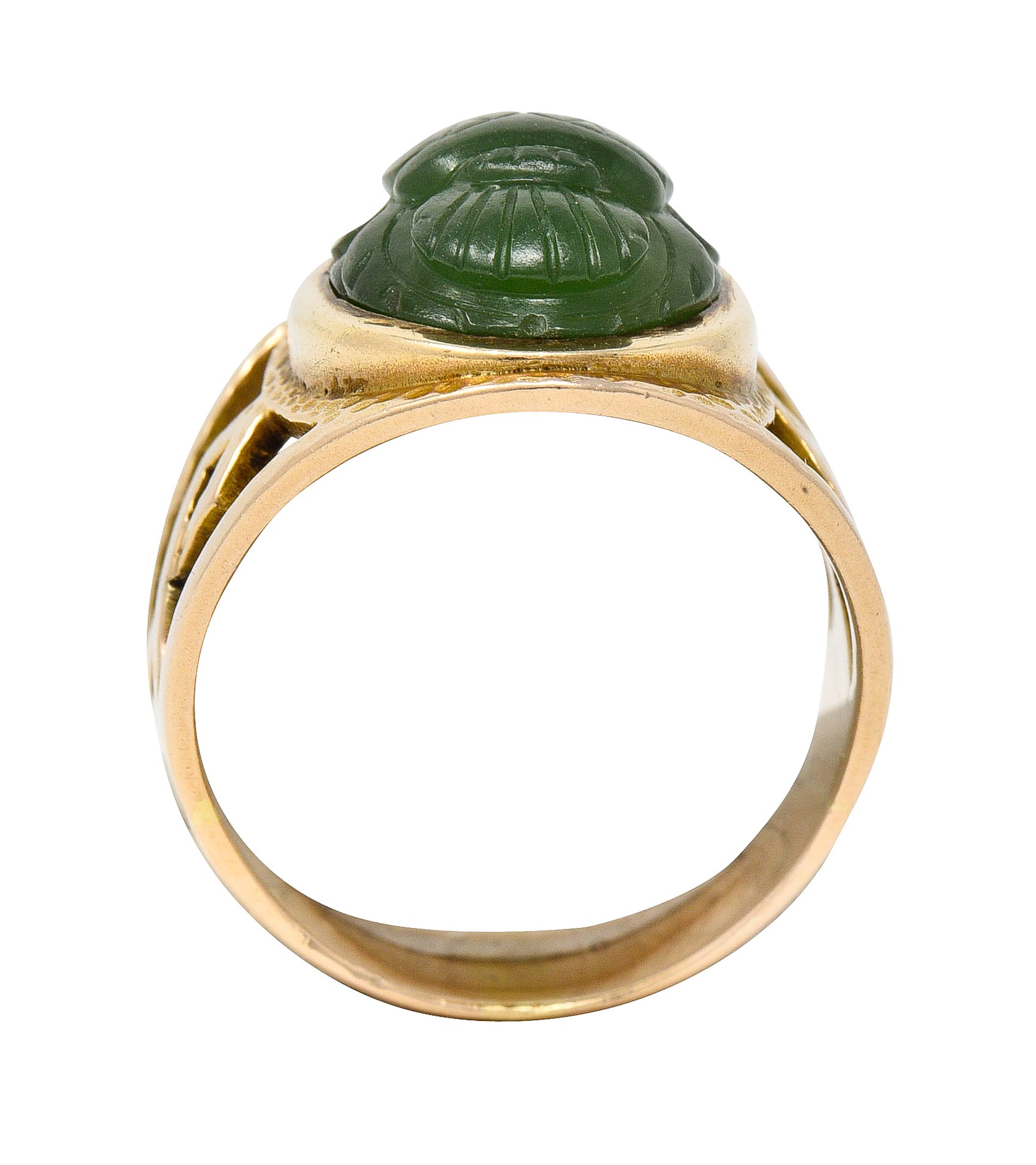 Victorian Egyptian Revival Carved Nephrite 14 Karat Yellow Gold Antique Scarab Ring Wilson's Estate Jewelry