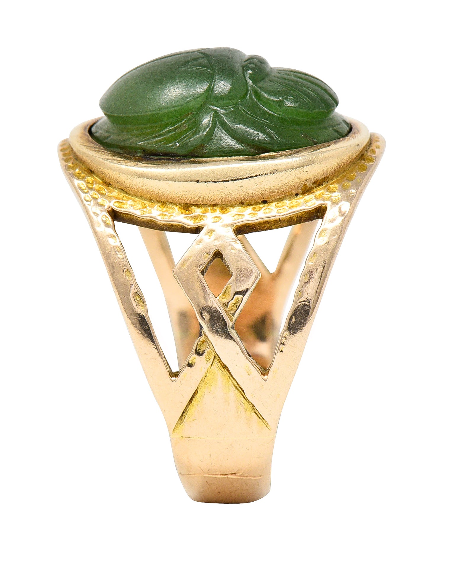 Victorian Egyptian Revival Carved Nephrite 14 Karat Yellow Gold Antique Scarab Ring Wilson's Estate Jewelry