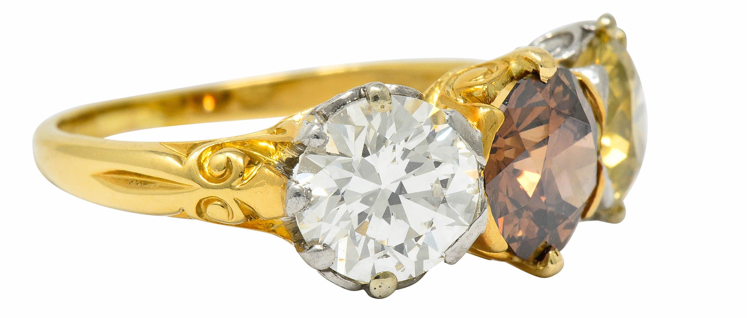 Edwardian 4.31 CTW Diamond & Fancy Diamond 18 Karat Gold Platinum Three Stone RingRing - Wilson's Estate Jewelry