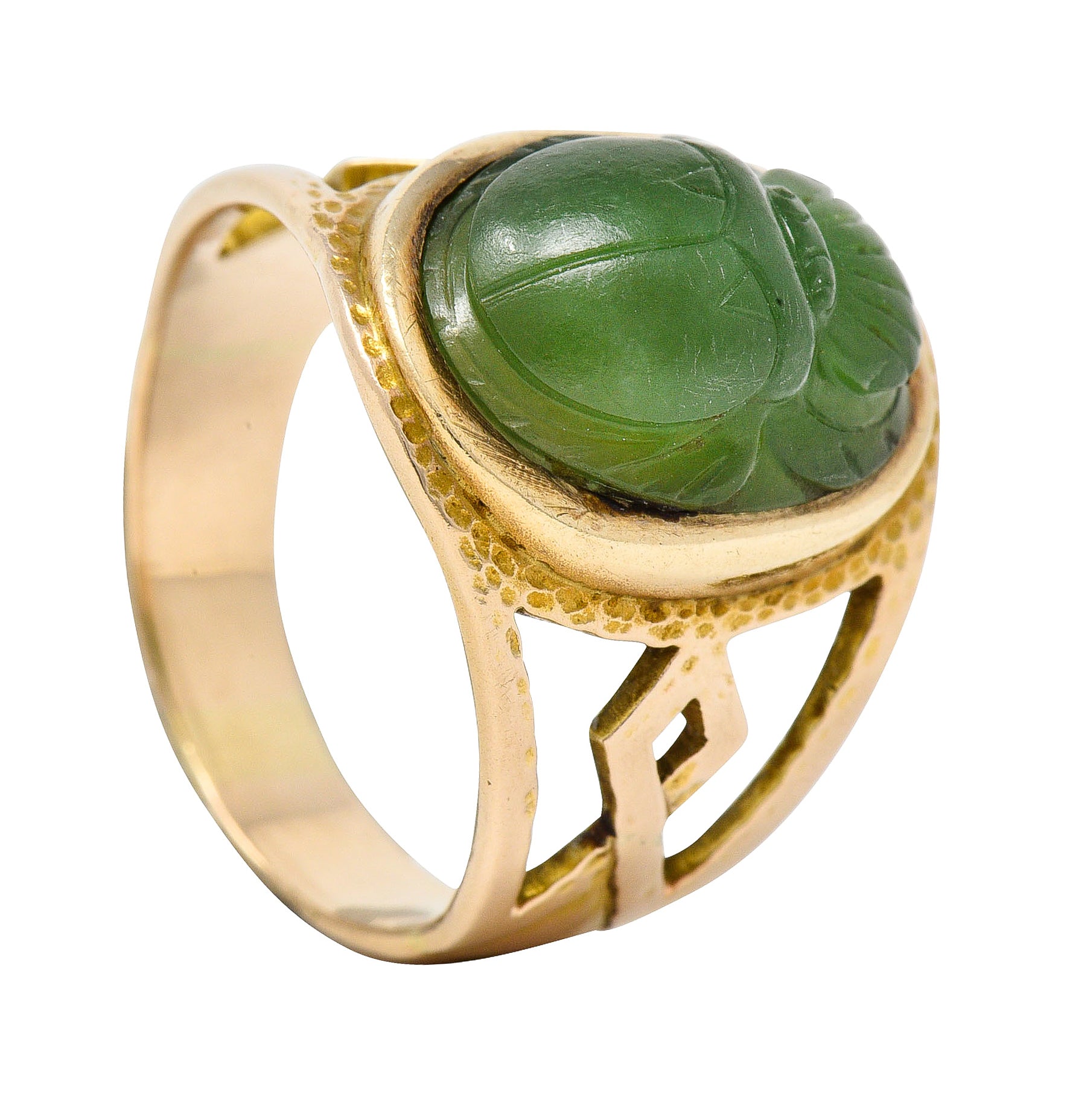 Victorian Egyptian Revival Carved Nephrite 14 Karat Yellow Gold Antique Scarab Ring Wilson's Estate Jewelry