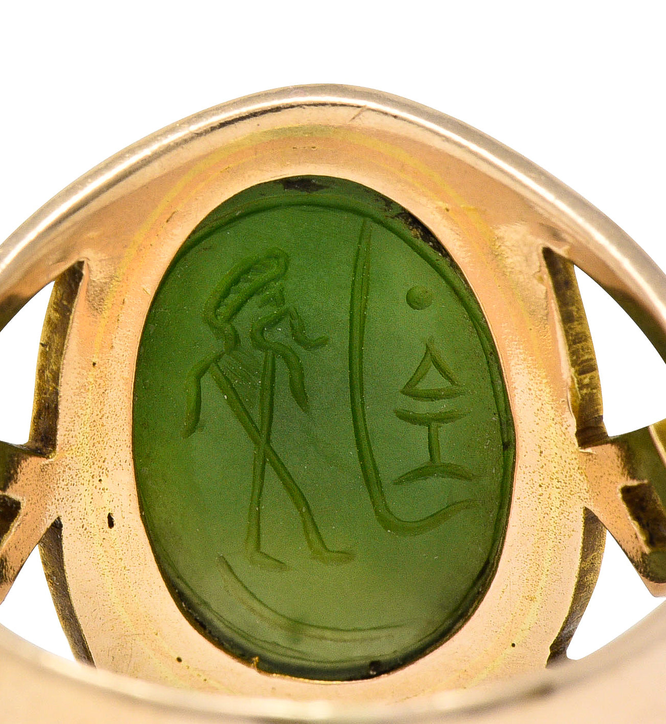 Victorian Egyptian Revival Carved Nephrite 14 Karat Yellow Gold Antique Scarab Ring Wilson's Estate Jewelry