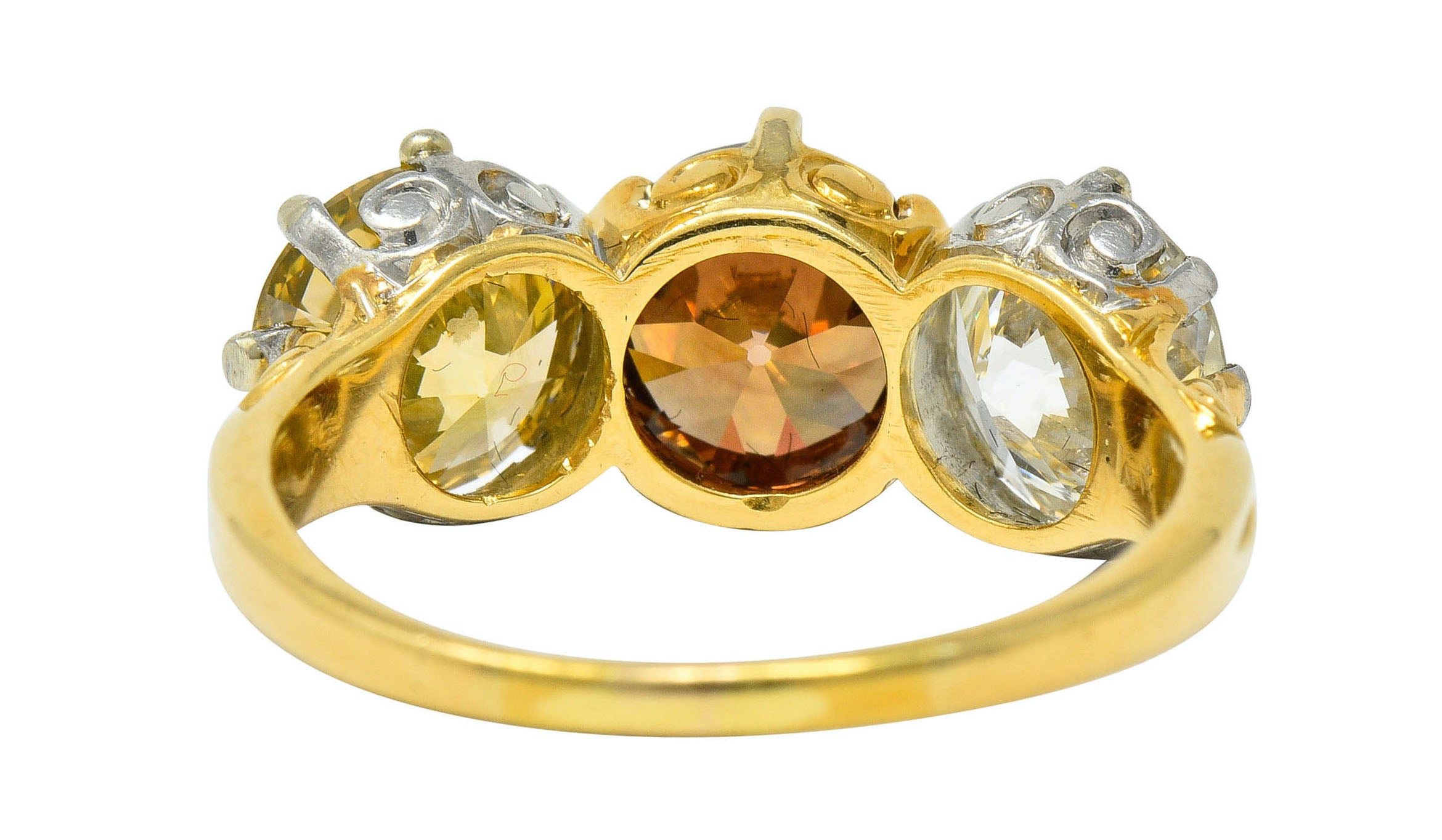 Edwardian 4.31 CTW Diamond & Fancy Diamond 18 Karat Gold Platinum Three Stone RingRing - Wilson's Estate Jewelry