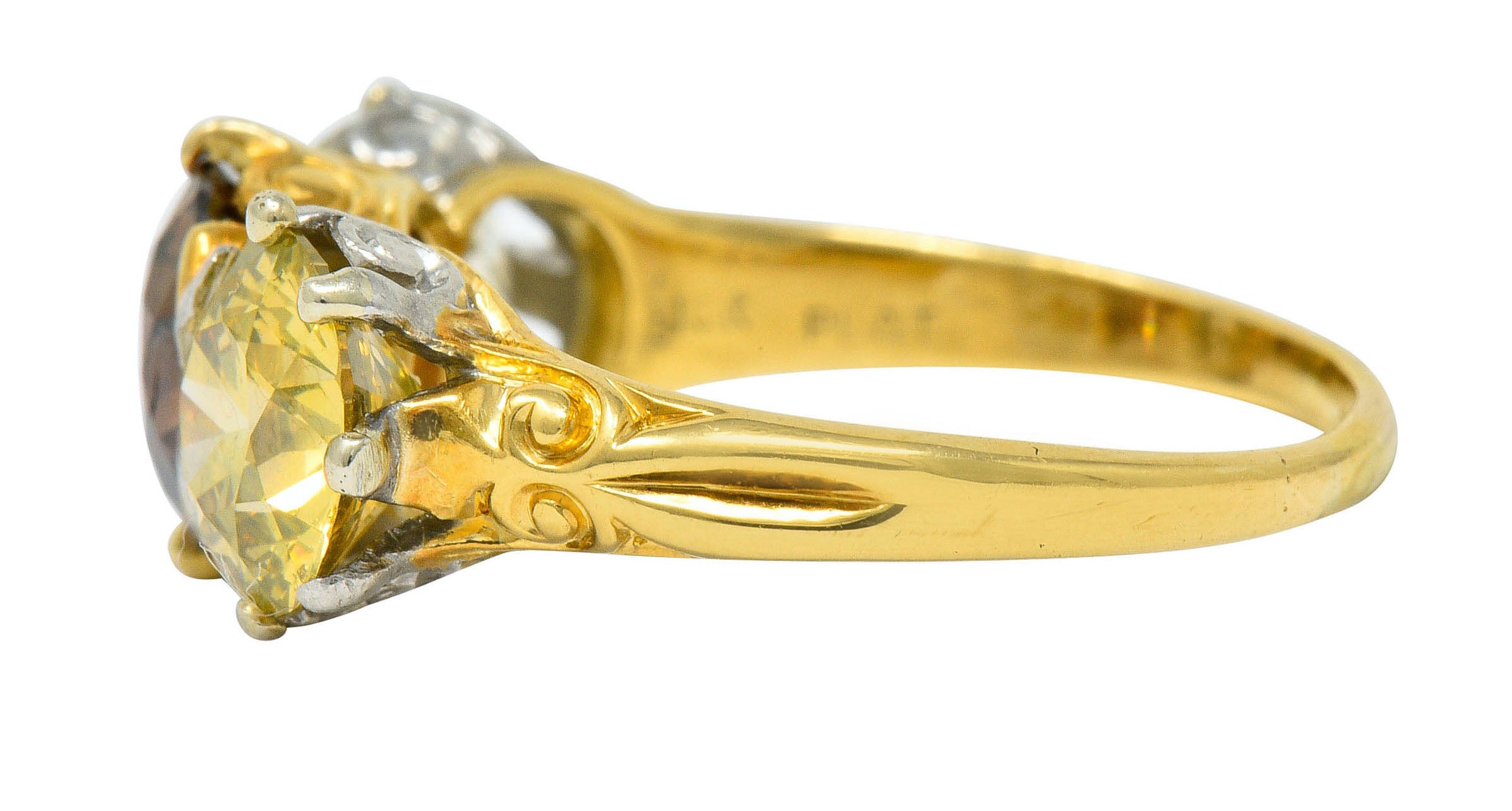 Edwardian 4.31 CTW Diamond & Fancy Diamond 18 Karat Gold Platinum Three Stone RingRing - Wilson's Estate Jewelry