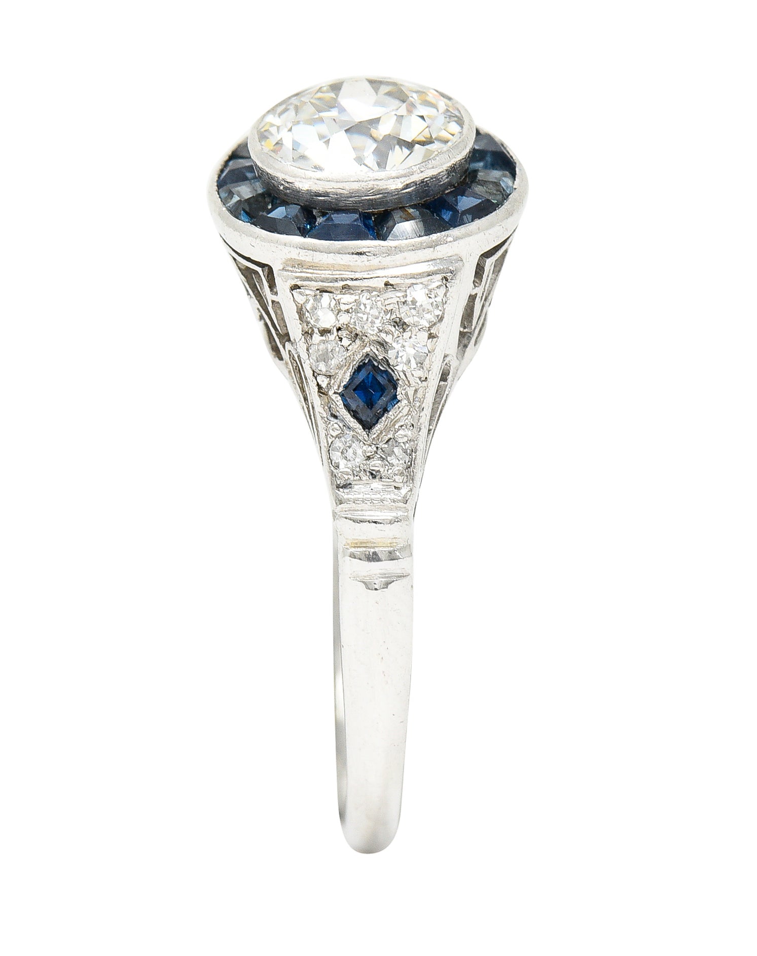 Art Deco 1.22 CTW Old European Cut Diamond Sapphire Halo Greek Key Foliate Engagement Ring Wilson's Estate Jewelry