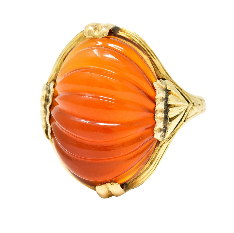 Early Art Deco Egyptian Revival Carved Carnelian 14 Karat Yellow Gold Gemstone Ring Wilson's Estate Jewelry