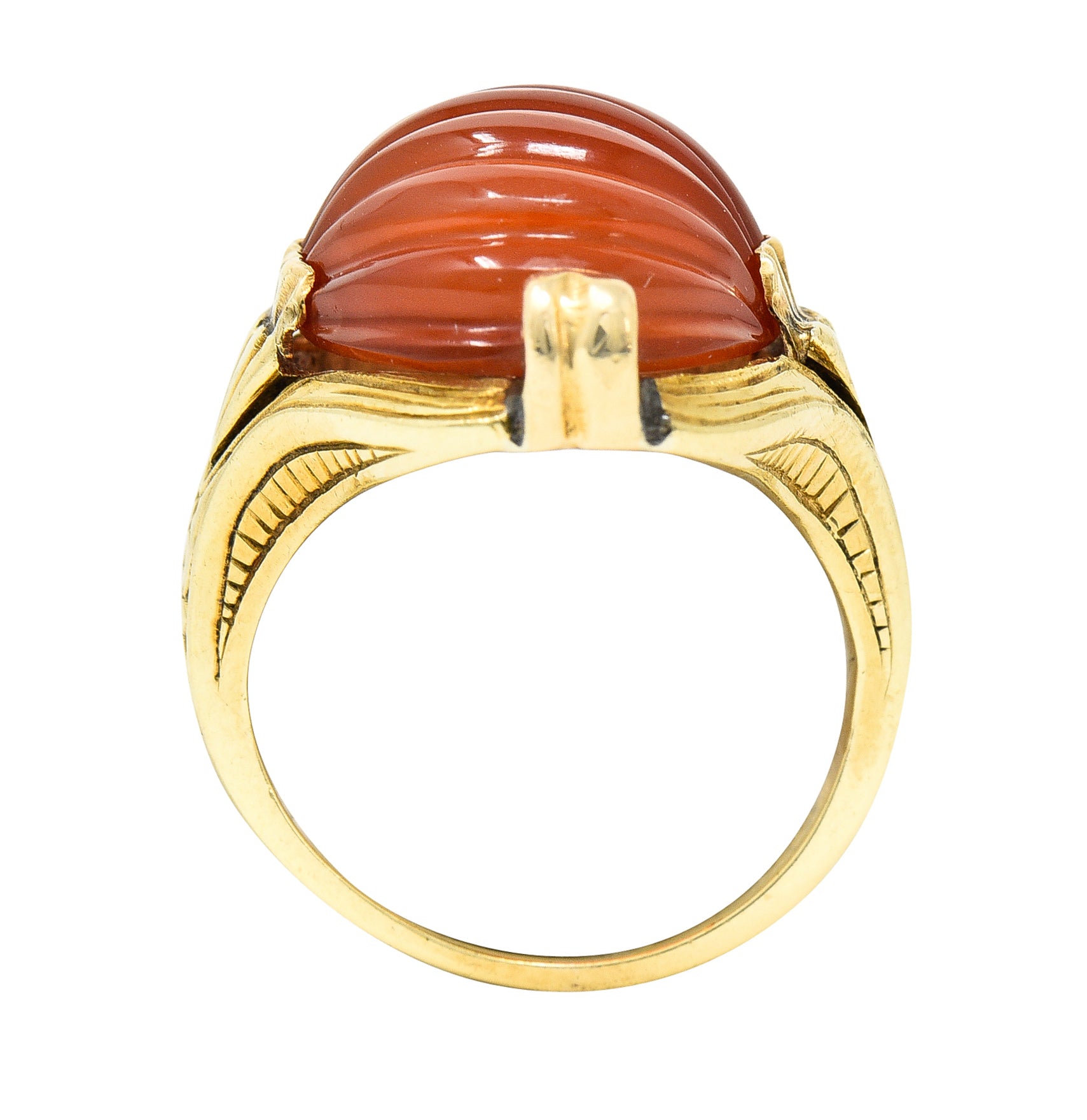 Early Art Deco Egyptian Revival Carved Carnelian 14 Karat Yellow Gold Gemstone Ring Wilson's Estate Jewelry