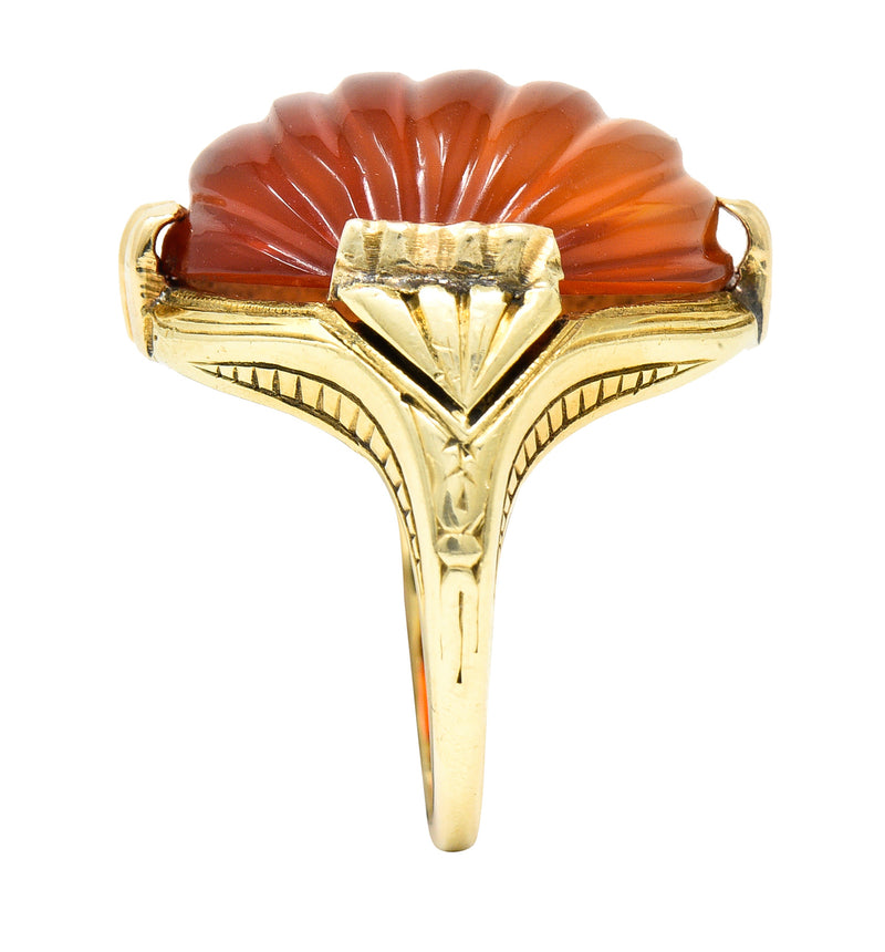 Early Art Deco Egyptian Revival Carved Carnelian 14 Karat Yellow Gold Gemstone Ring Wilson's Estate Jewelry