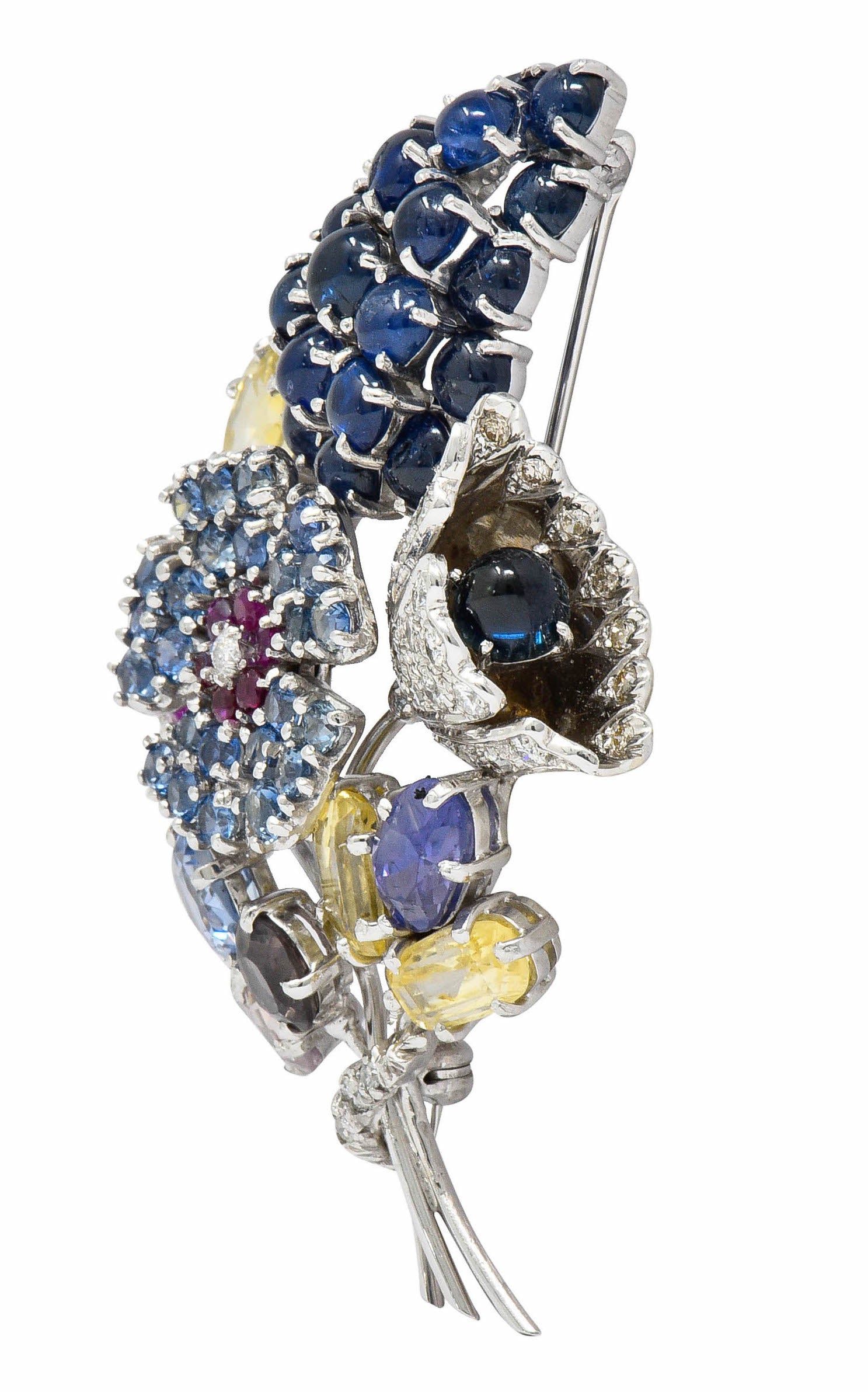 Retro 25.90 CTW Sapphire Diamond 14 Karat White Gold Bouquet BroochBrooch - Wilson's Estate Jewelry