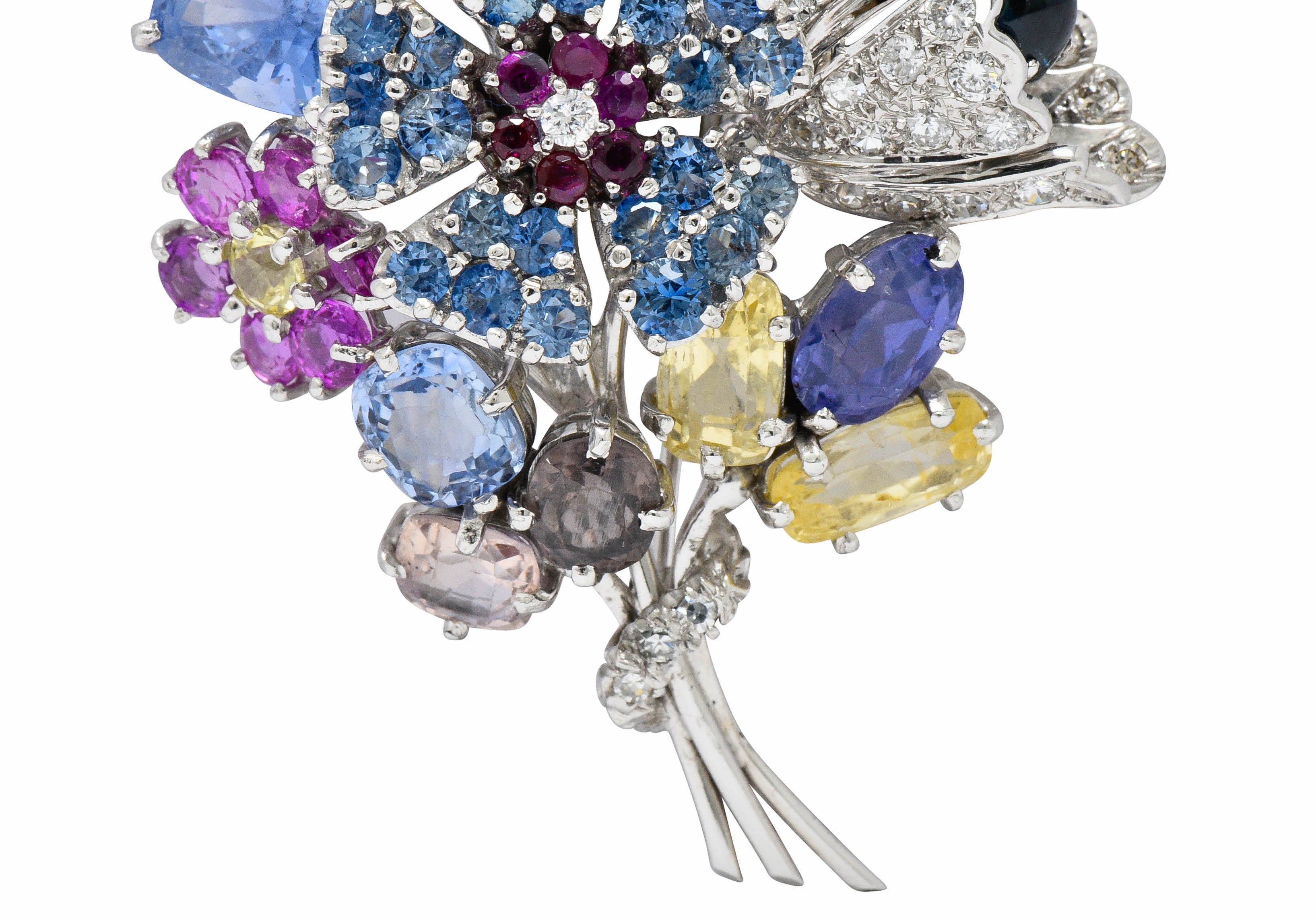 Retro 25.90 CTW Sapphire Diamond 14 Karat White Gold Bouquet BroochBrooch - Wilson's Estate Jewelry