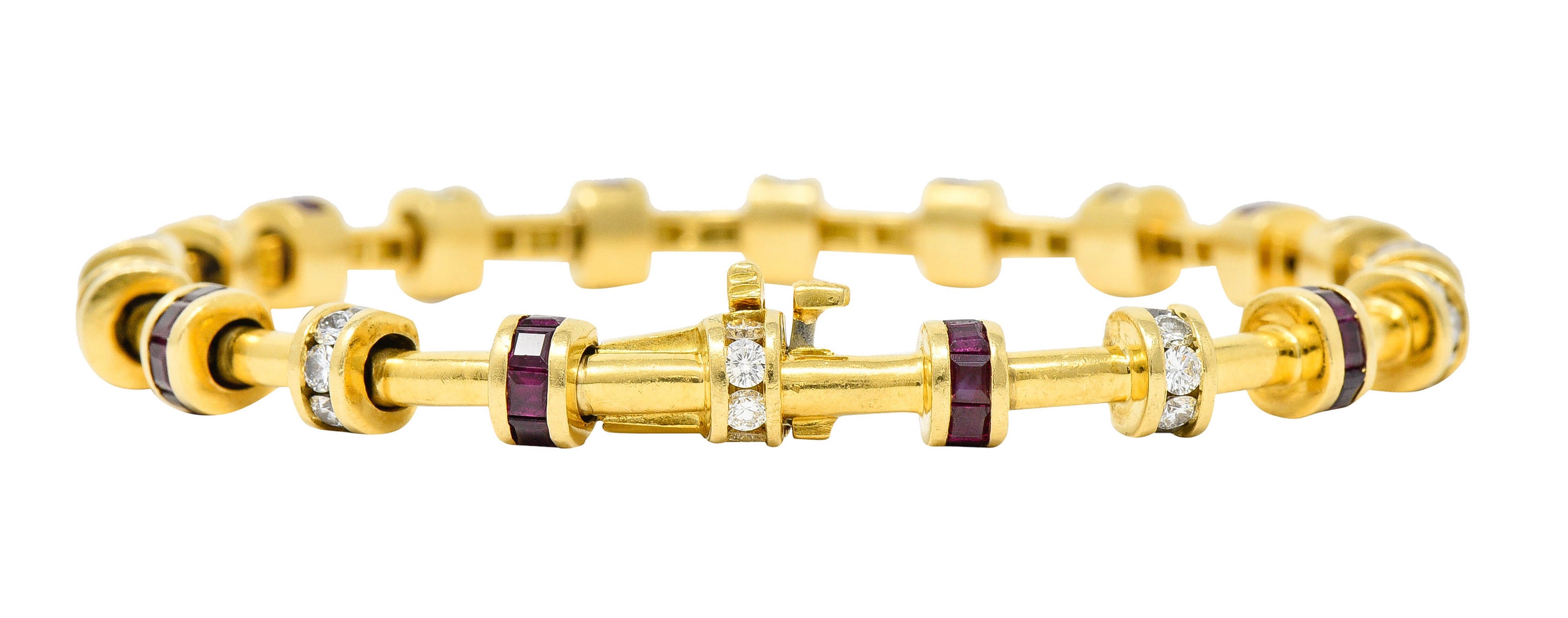 Charles Krypell 6.00 CTW Diamond Ruby 18 Karat Gold Barrel Link Braceletbracelet - Wilson's Estate Jewelry