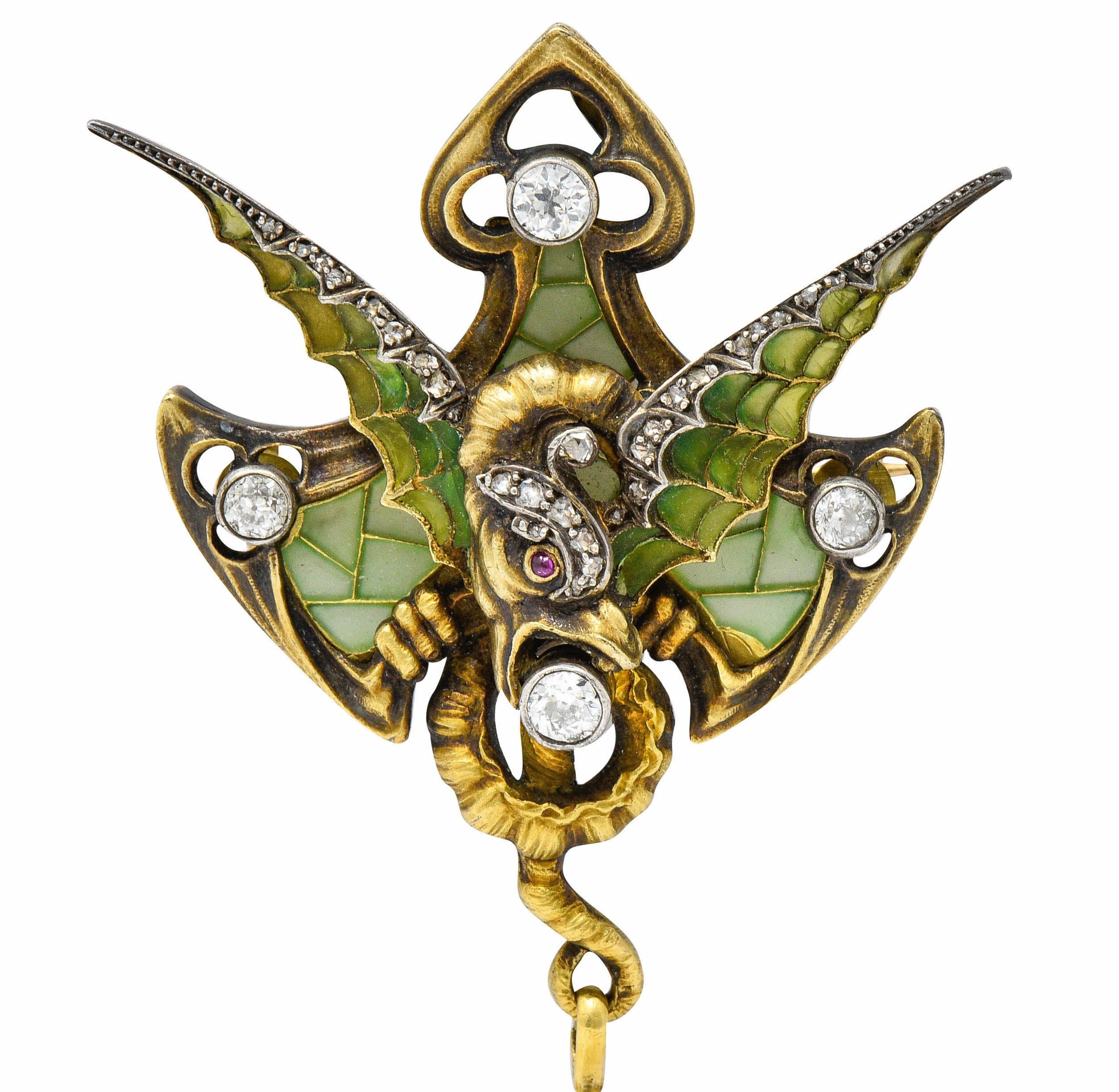 French Art Nouveau Plique-A-Jour Pearl Diamond Silver-Topped 18 Karat Gold Dragon Pendant BroochNecklace - Wilson's Estate Jewelry