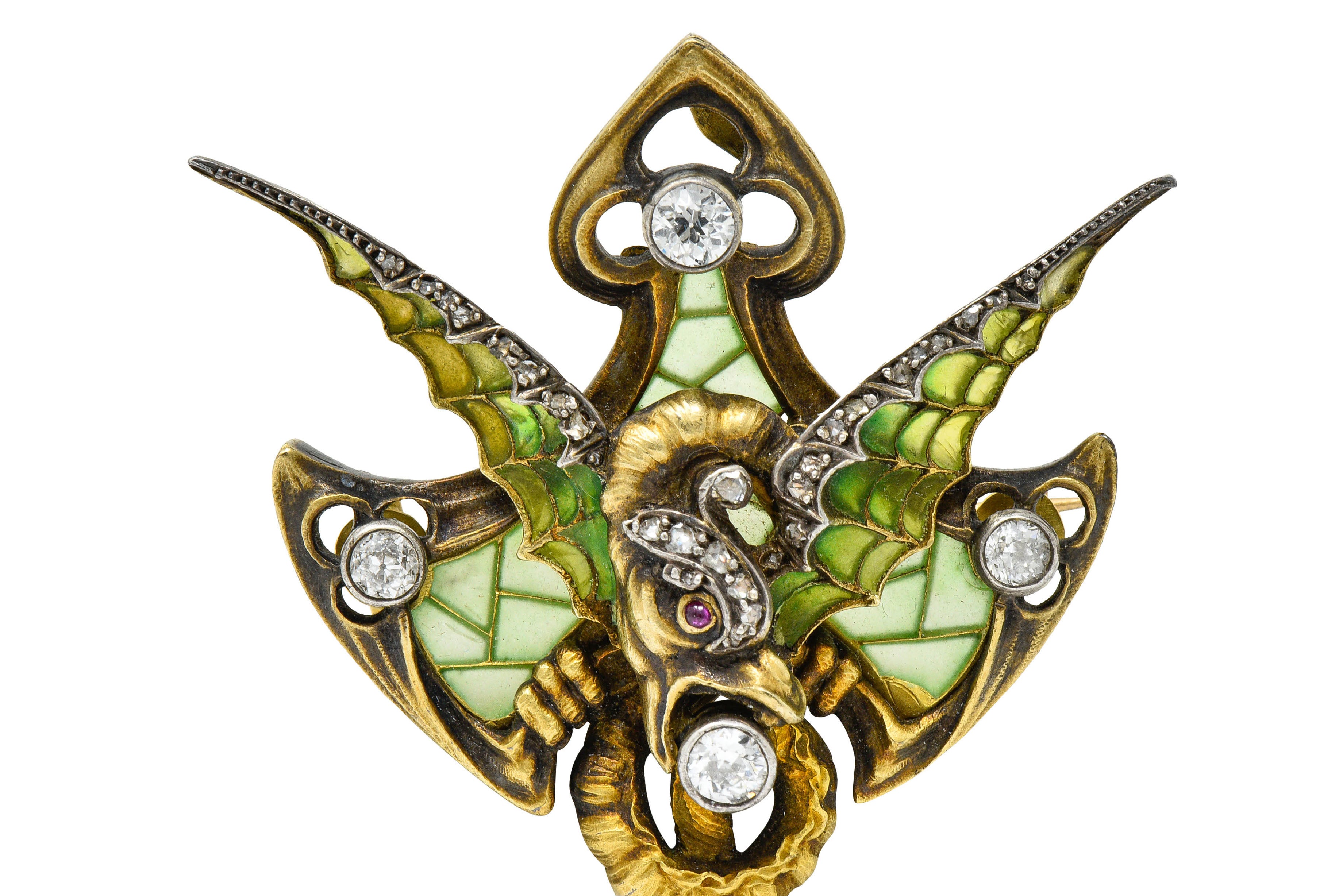 French Art Nouveau Plique-A-Jour Pearl Diamond Silver-Topped 18 Karat Gold Dragon Pendant BroochNecklace - Wilson's Estate Jewelry