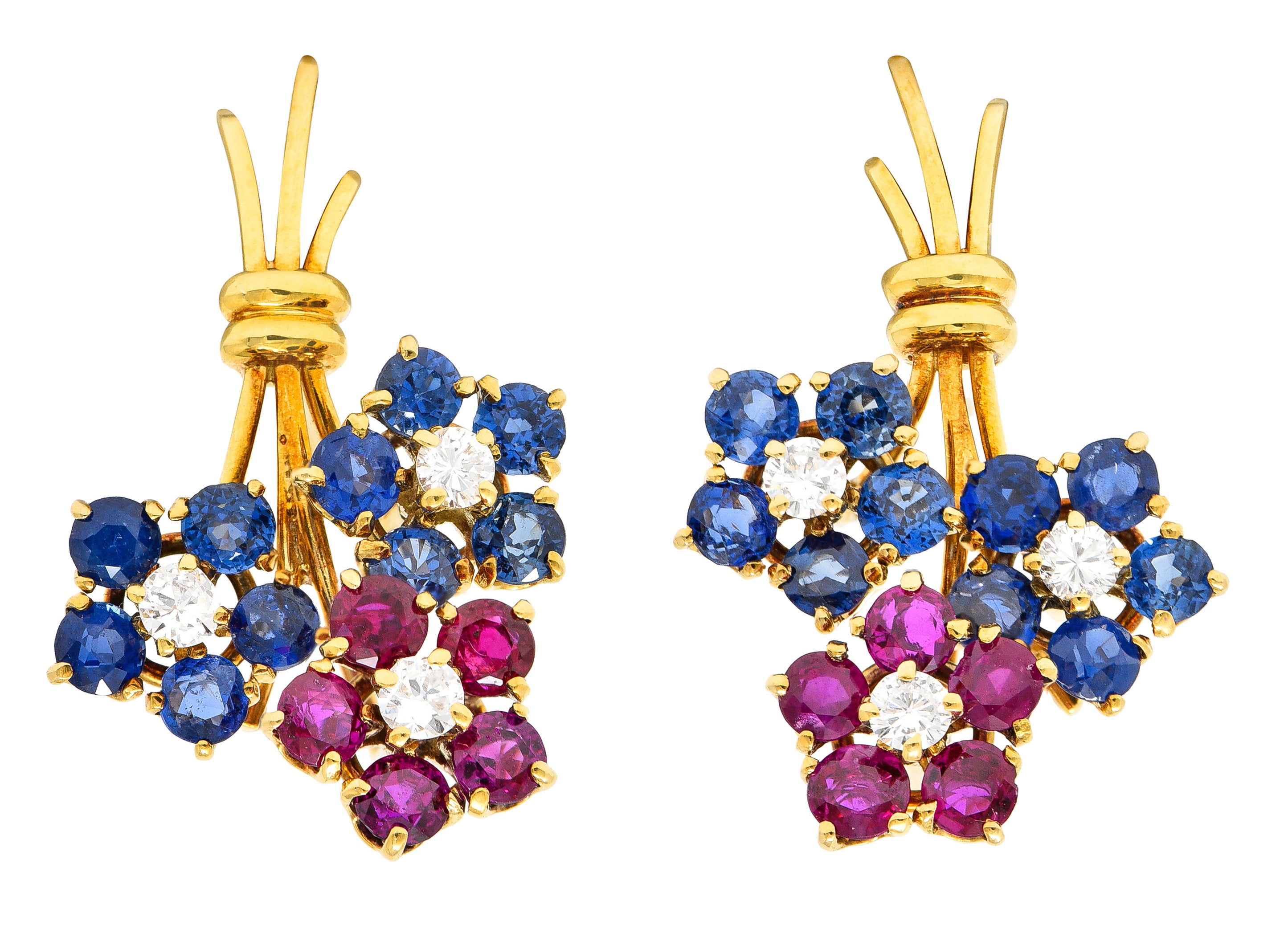 .11111 *1960's 3.60 CTW Sapphire Ruby Diamond 14 Karat Yellow Gold Flower Vintage Earrings Wilson's Estate Jewelry