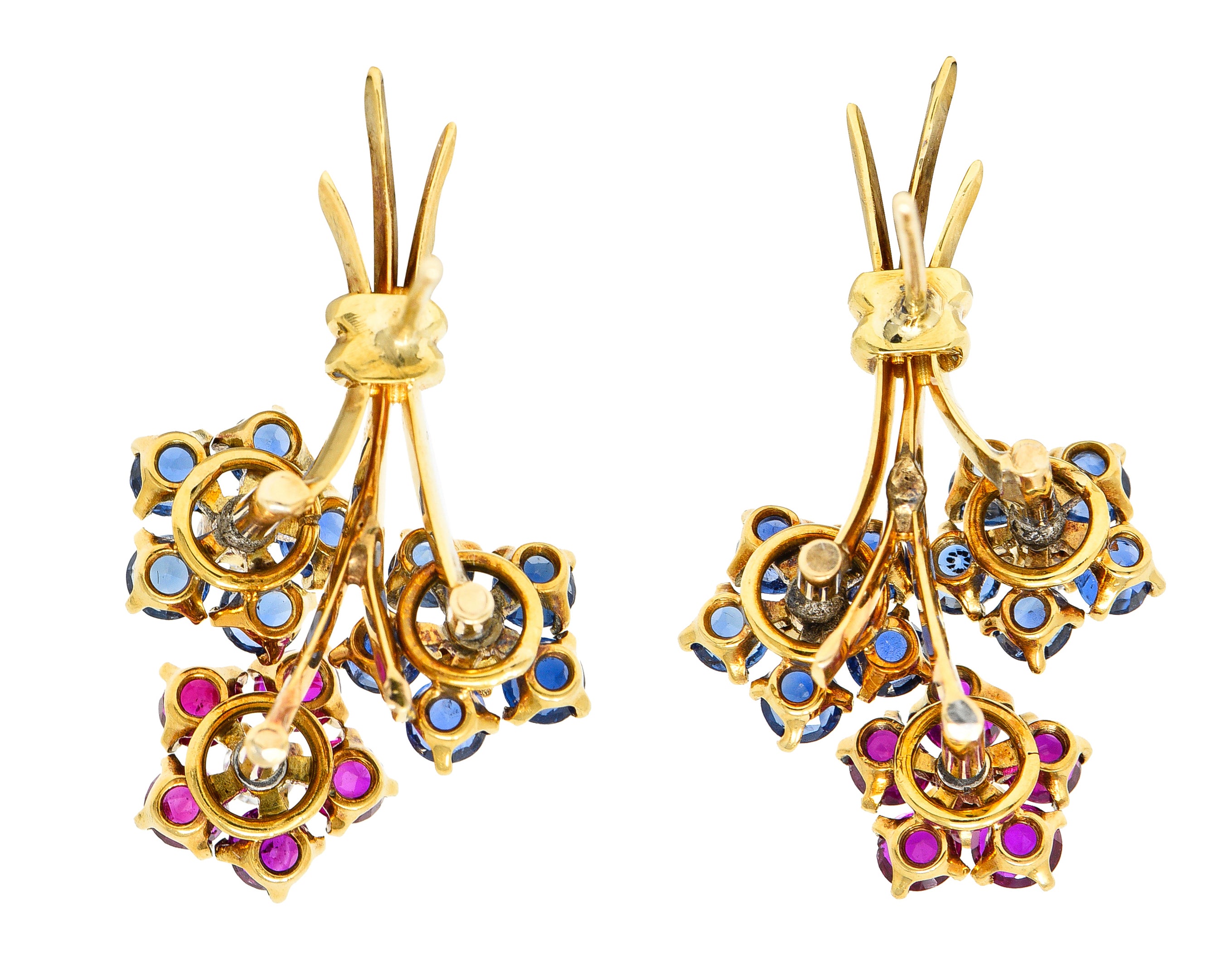 .11111 *1960's 3.60 CTW Sapphire Ruby Diamond 14 Karat Yellow Gold Flower Vintage Earrings Wilson's Estate Jewelry