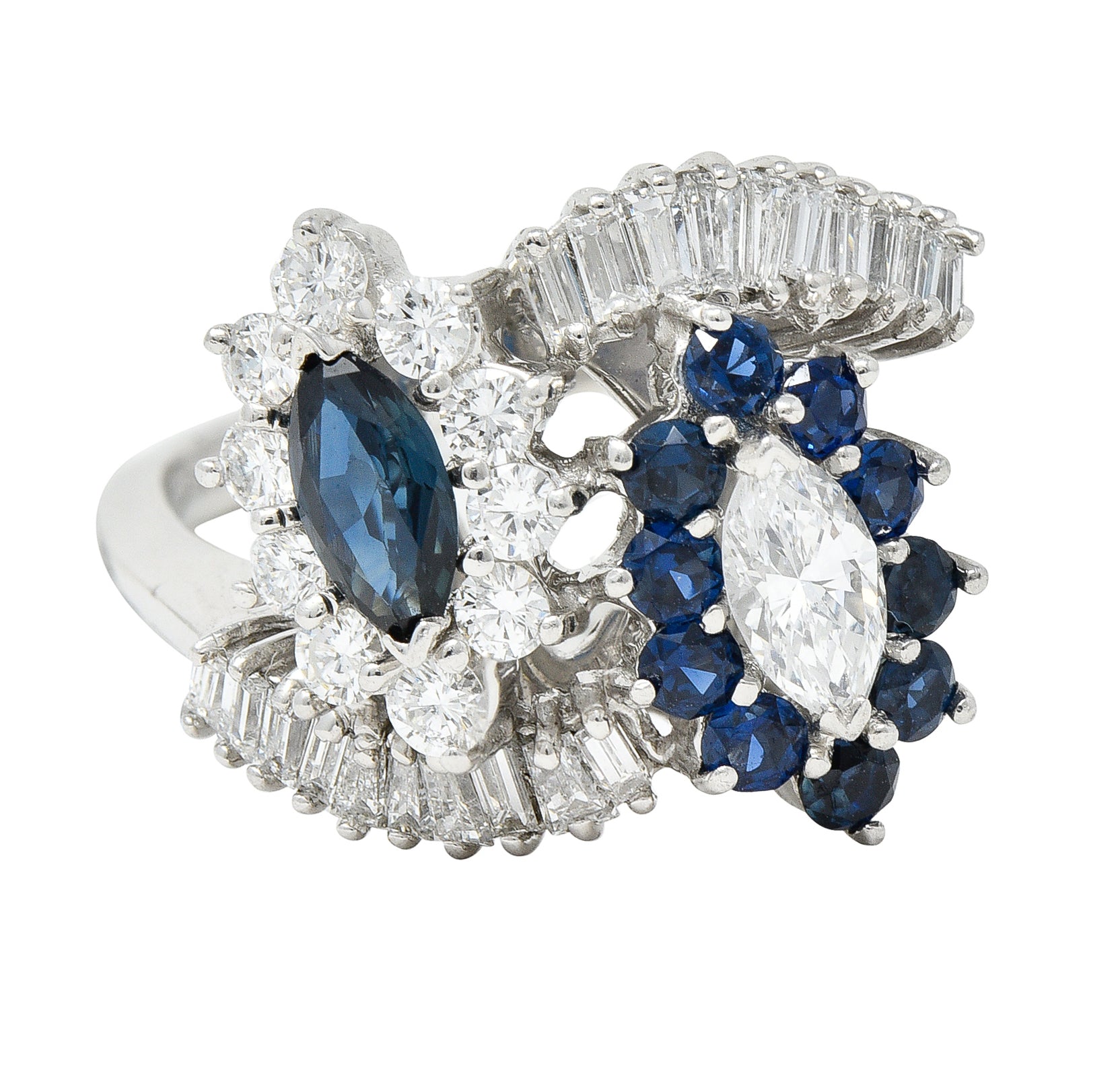 Mid-Century 1.68 CTW Marquise Cut Sapphire Diamond Platinum Clustered Vintage Bypass Ring Wilson's Estate Jewelry