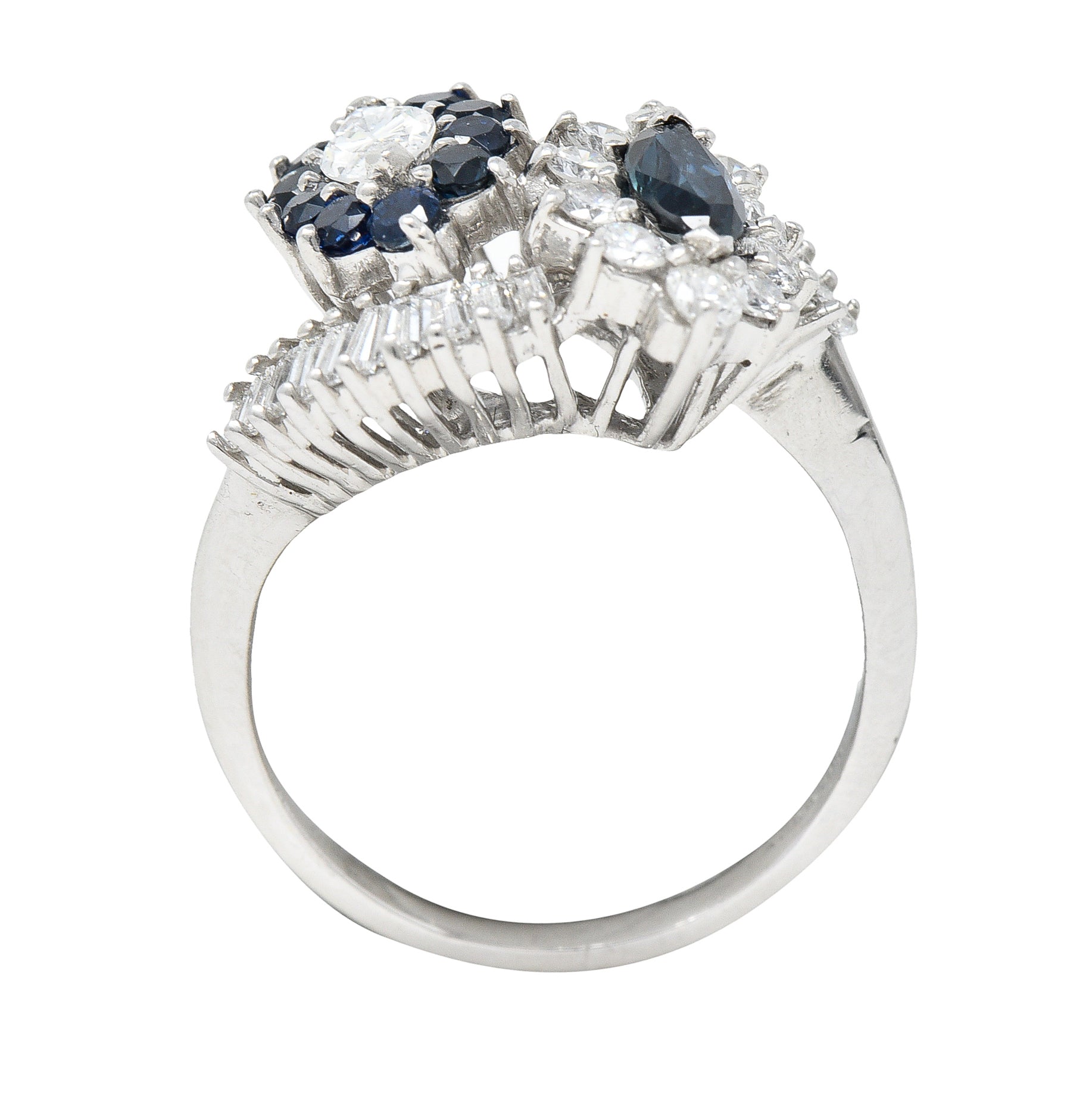 Mid-Century 1.68 CTW Marquise Cut Sapphire Diamond Platinum Clustered Vintage Bypass Ring Wilson's Estate Jewelry