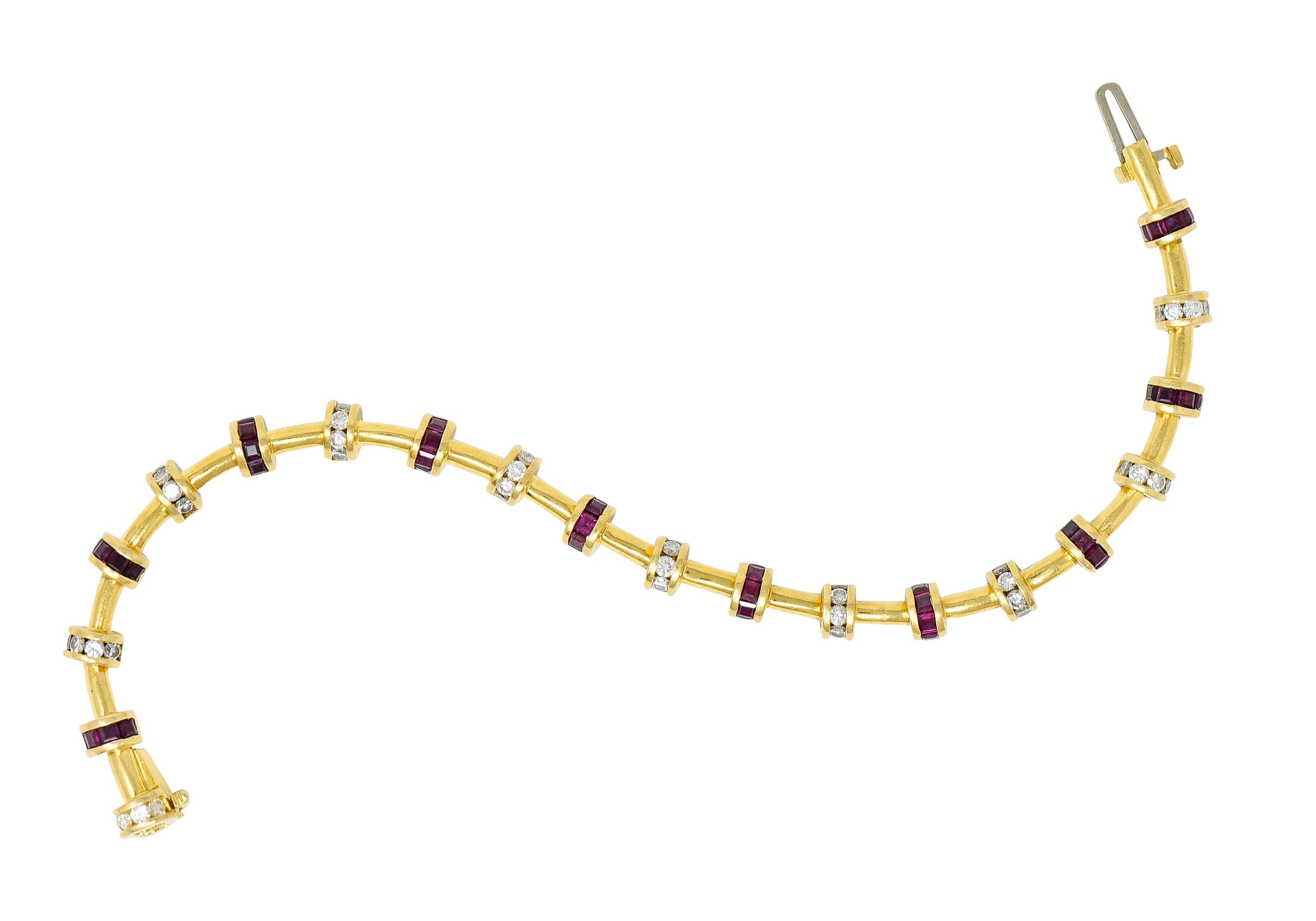 Charles Krypell 6.00 CTW Diamond Ruby 18 Karat Gold Barrel Link Braceletbracelet - Wilson's Estate Jewelry