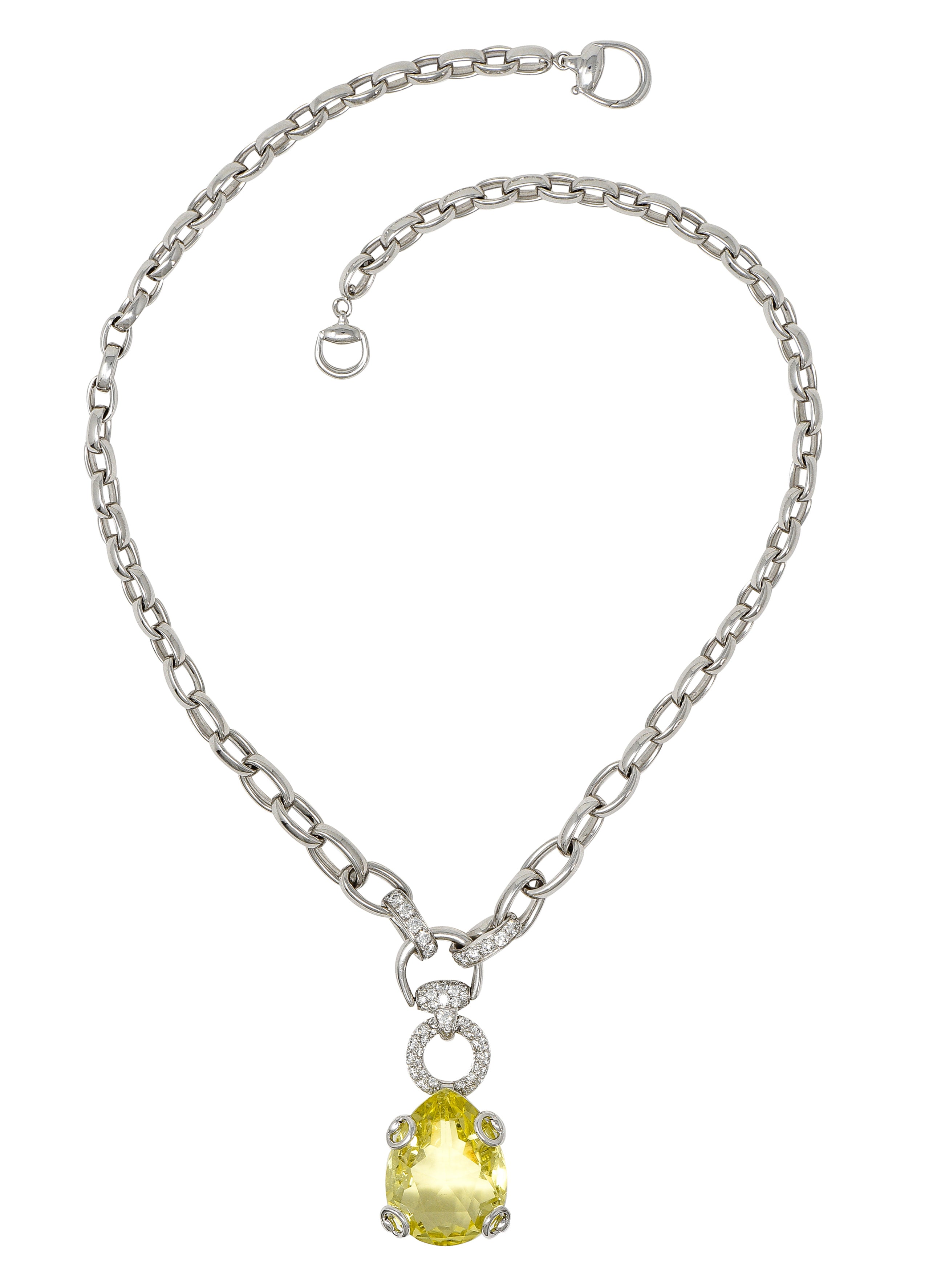 Gucci Diamond Pear Cut Lemon Quartz 81 Karat White Gold Horsebit Cocktail Drop Station Necklace Wilson's Estate Jewelry