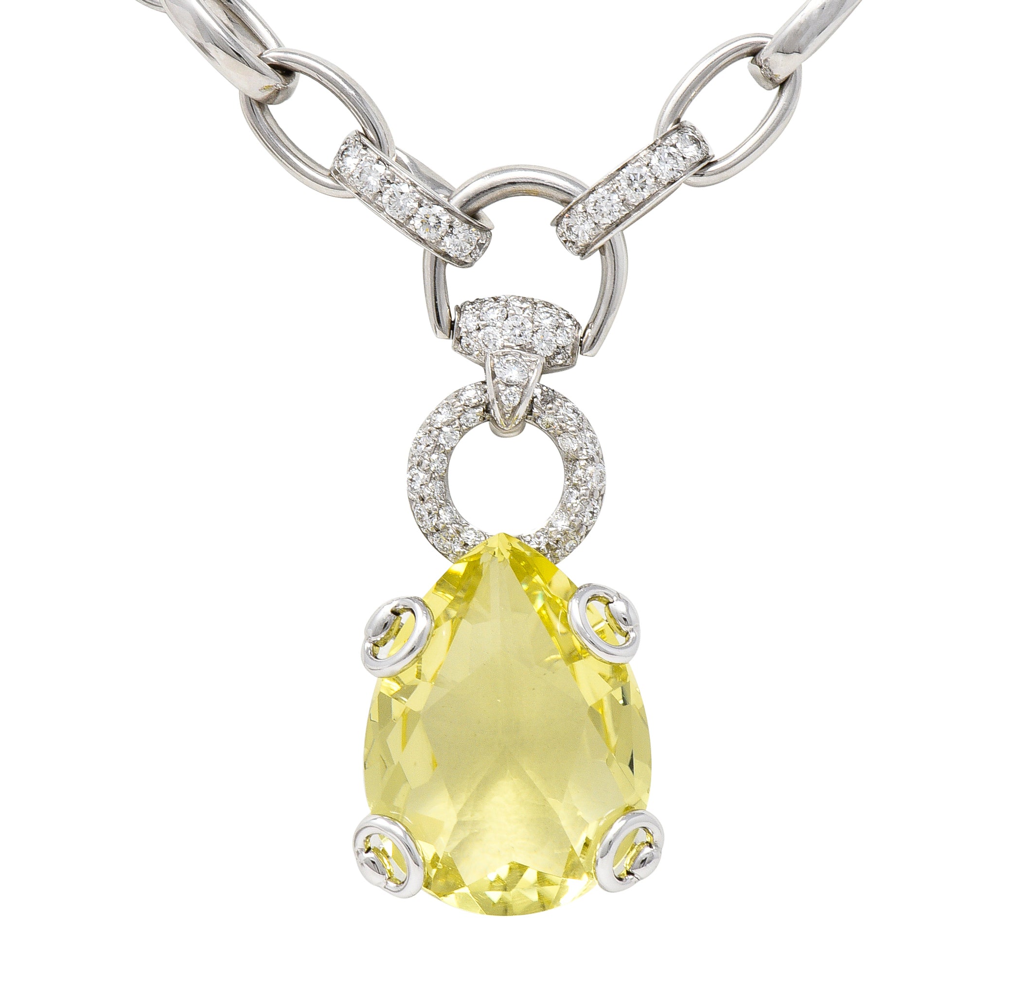 Gucci Diamond Pear Cut Lemon Quartz 81 Karat White Gold Horsebit Cocktail Drop Station Necklace Wilson's Estate Jewelry