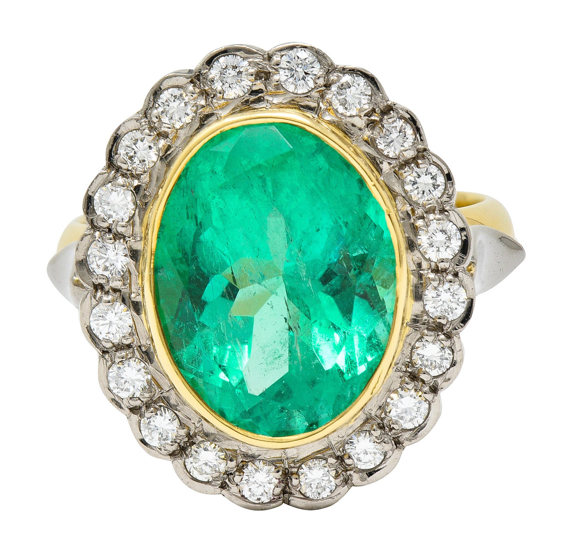 Art Deco 6.40 CTW Colombian Emerald Diamond 18 Karat Two-Tone Gold Cluster Ring GIARing - Wilson's Estate Jewelry