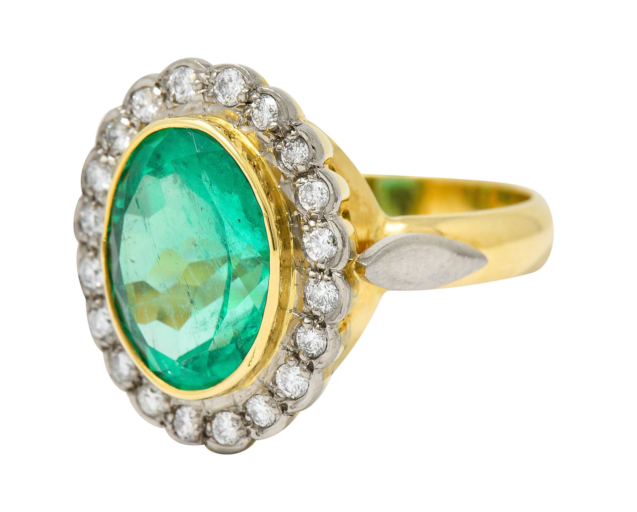 Art Deco 6.40 CTW Colombian Emerald Diamond 18 Karat Two-Tone Gold Cluster Ring GIARing - Wilson's Estate Jewelry